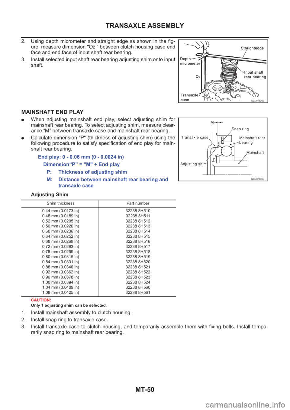NISSAN X-TRAIL 2001 Service Repair Manual MT-50
TRANSAXLE ASSEMBLY
2. Using depth micrometer and straight edge as shown in the fig-
ure, measure dimension "O
2 " between clutch housing case end
face and end face of input sha NISSAN X-TRAIL 2001 Service Repair Manual MT-50
TRANSAXLE ASSEMBLY
2. Using depth micrometer and straight edge as shown in the fig-
ure, measure dimension "O
2 " between clutch housing case end
face and end face of input sha