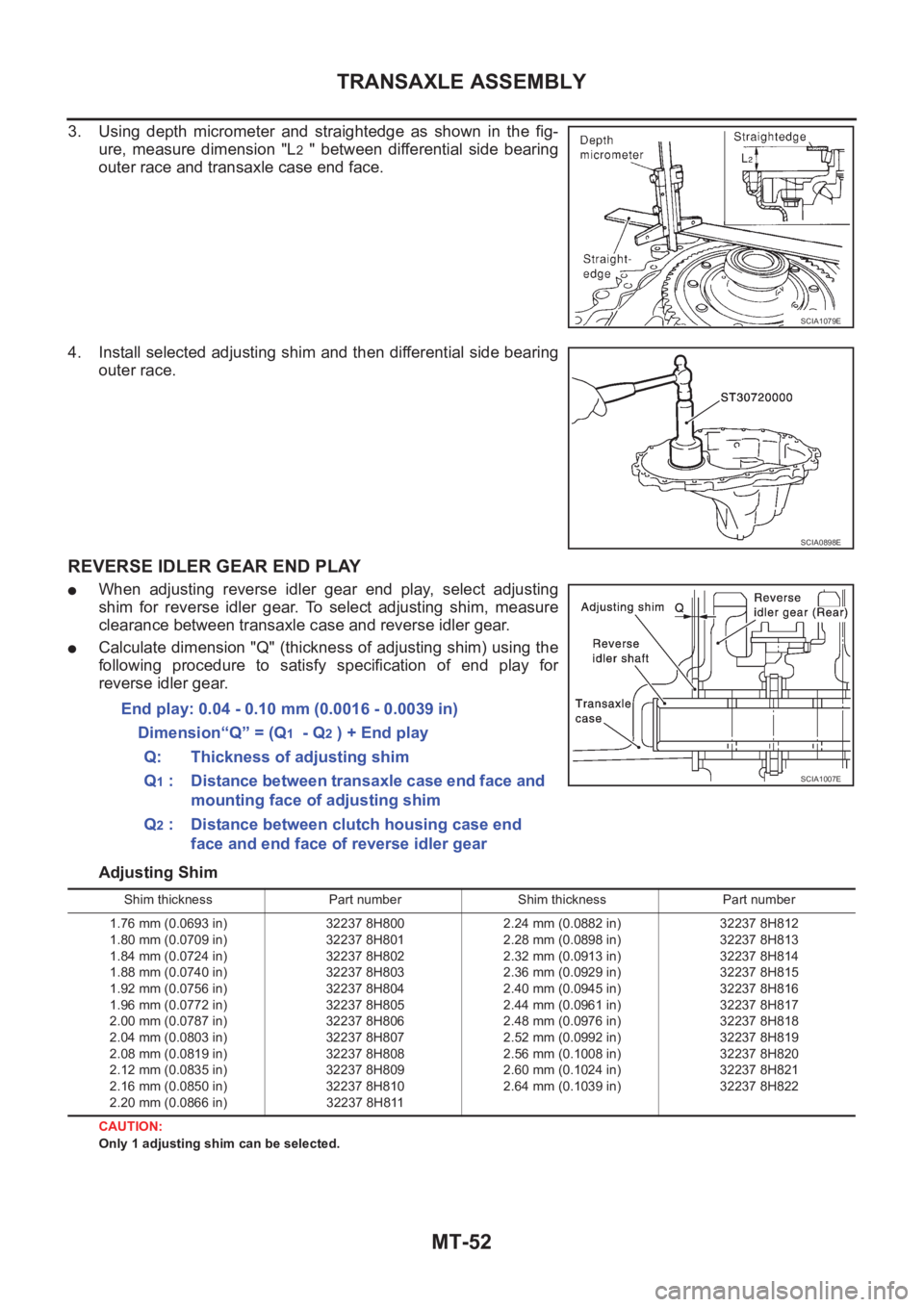 NISSAN X-TRAIL 2001 Service Repair Manual MT-52
TRANSAXLE ASSEMBLY
3. Using depth micrometer and straightedge as shown in the fig-
ure, measure dimension "L
2 " between differential side bearing
outer race and transax NISSAN X-TRAIL 2001 Service Repair Manual MT-52
TRANSAXLE ASSEMBLY
3. Using depth micrometer and straightedge as shown in the fig-
ure, measure dimension "L
2 " between differential side bearing
outer race and transax