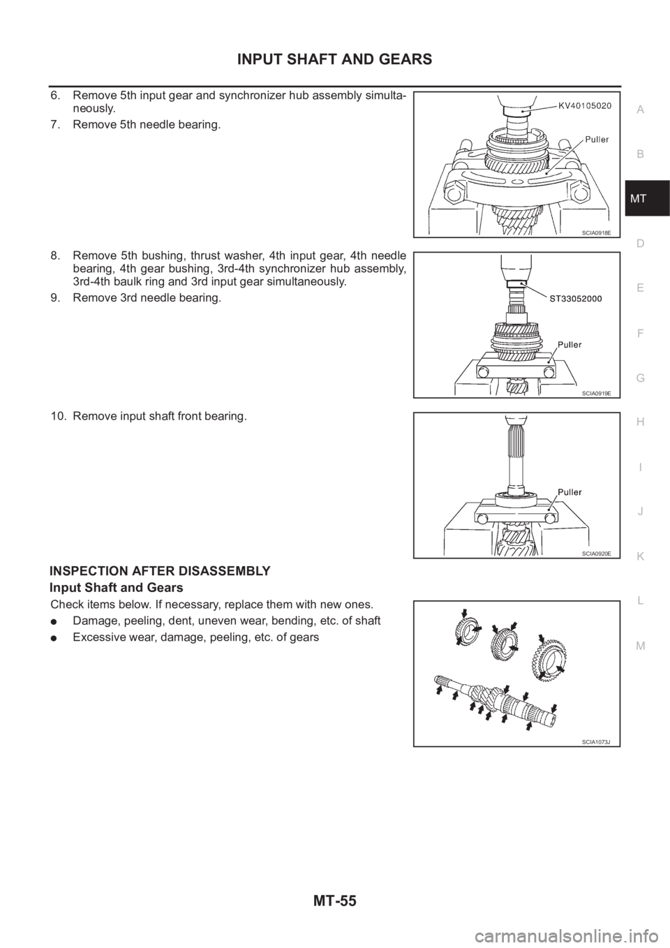 NISSAN X-TRAIL 2001  Service Repair Manual INPUT SHAFT AND GEARS
MT-55
D
E
F
G
H
I
J
K
L
MA
B
MT
6. Remove 5th input gear and synchronizer hub assembly simulta-
neously.
7. Remove 5th needle bearing.
8. Remove 5th bushing, thrust washer, 4th i