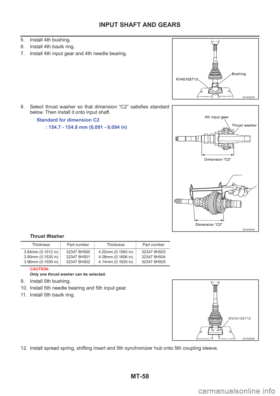 NISSAN X-TRAIL 2001  Service Repair Manual MT-58
INPUT SHAFT AND GEARS
5. Install 4th bushing.
6. Install 4th baulk ring.
7. Install 4th input gear and 4th needle bearing.
8. Select  thrust  washer  so  that  dimension  “C2”  satisfies  st