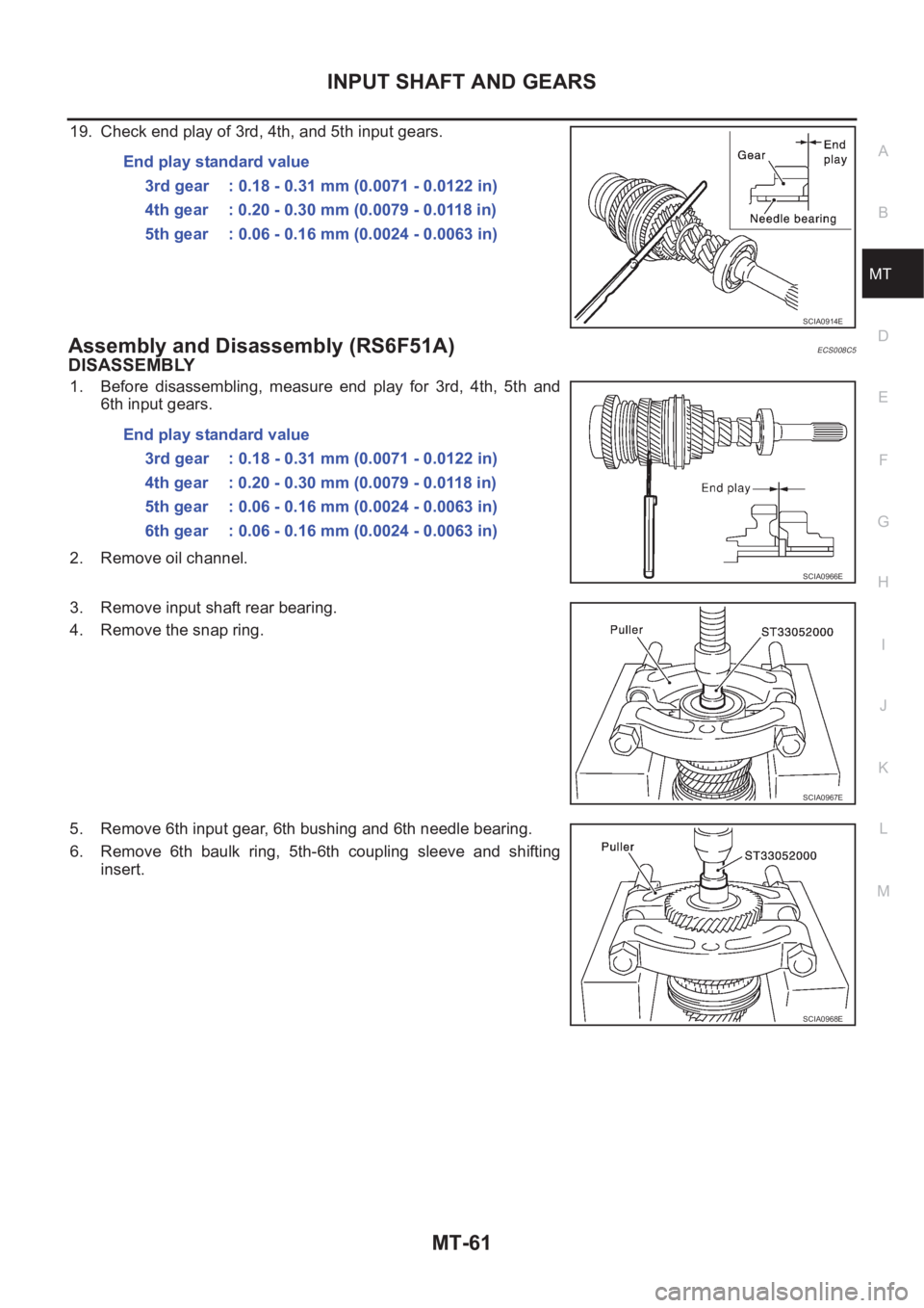 NISSAN X-TRAIL 2001  Service Repair Manual INPUT SHAFT AND GEARS
MT-61
D
E
F
G
H
I
J
K
L
MA
B
MT
19. Check end play of 3rd, 4th, and 5th input gears.
Assembly and Disassembly (RS6F51A)ECS008C5
DISASSEMBLY
1. Before disassembling, measure end p