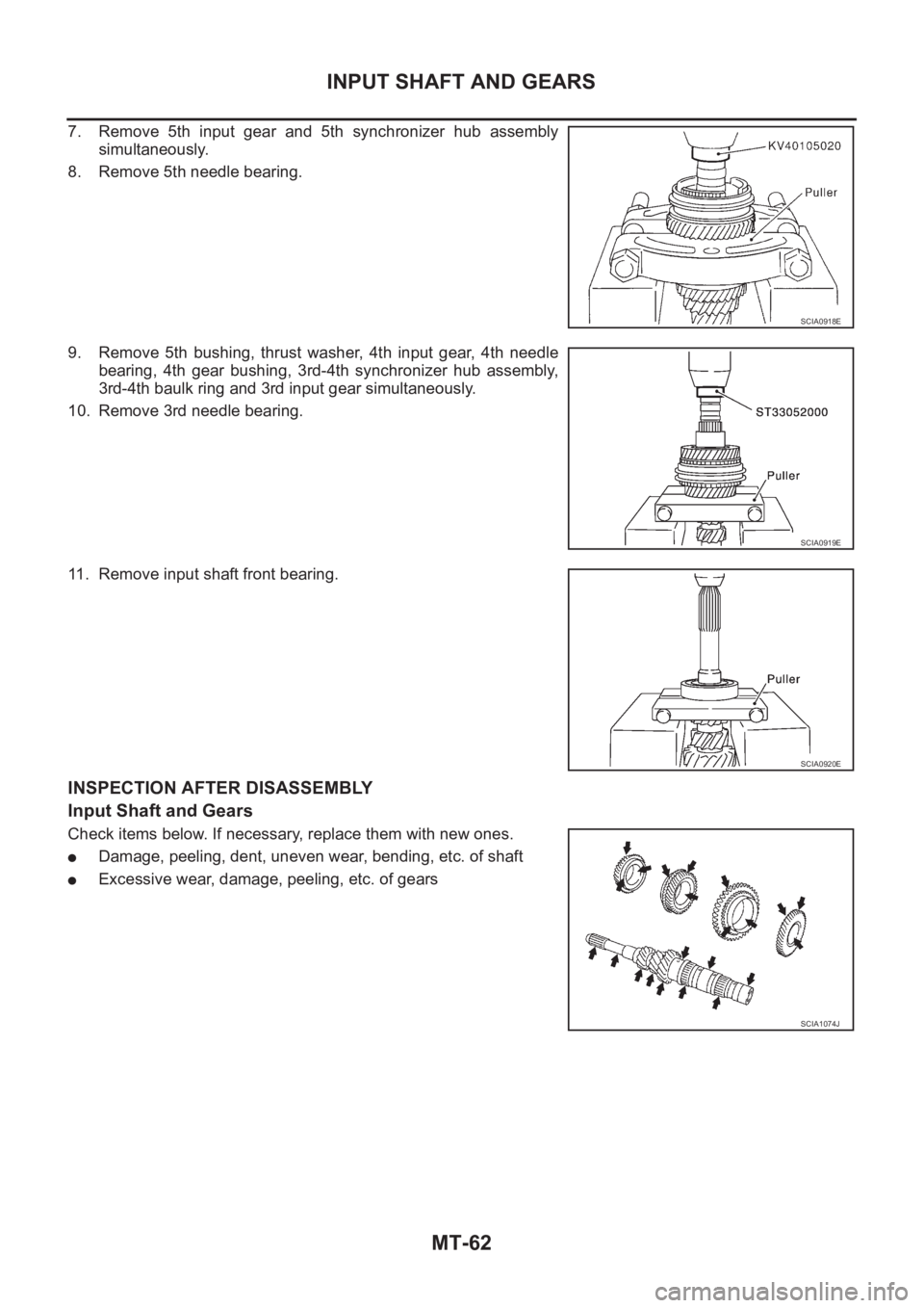 NISSAN X-TRAIL 2001  Service Repair Manual MT-62
INPUT SHAFT AND GEARS
7. Remove  5th  input  gear  and  5th  synchronizer  hub  assembly
simultaneously.
8. Remove 5th needle bearing.
9. Remove  5th  bushing,  thrust  washer,  4th  input  gear