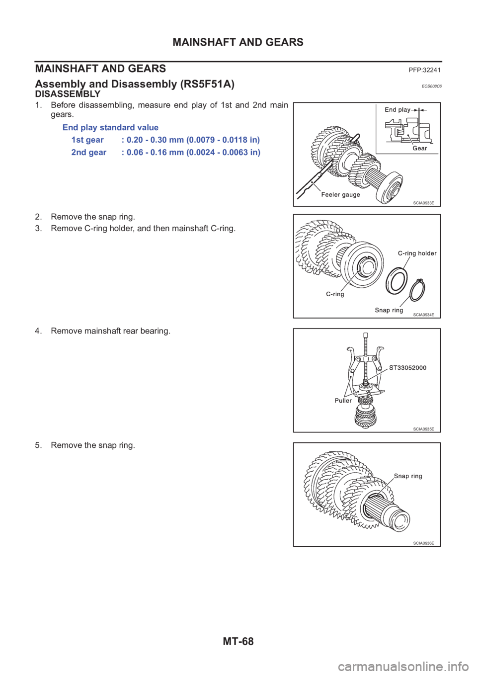 NISSAN X-TRAIL 2001 Service Repair Manual MT-68
MAINSHAFT AND GEARS
MAINSHAFT AND GEARS
PFP:32241
Assembly and Disassembly (RS5F51A)ECS008C6
DISASSEMBLY
1. Before disassembling, measure end play of 1st and 2nd main
gears.
2. Remove t NISSAN X-TRAIL 2001 Service Repair Manual MT-68
MAINSHAFT AND GEARS
MAINSHAFT AND GEARS
PFP:32241
Assembly and Disassembly (RS5F51A)ECS008C6
DISASSEMBLY
1. Before disassembling, measure end play of 1st and 2nd main
gears.
2. Remove t