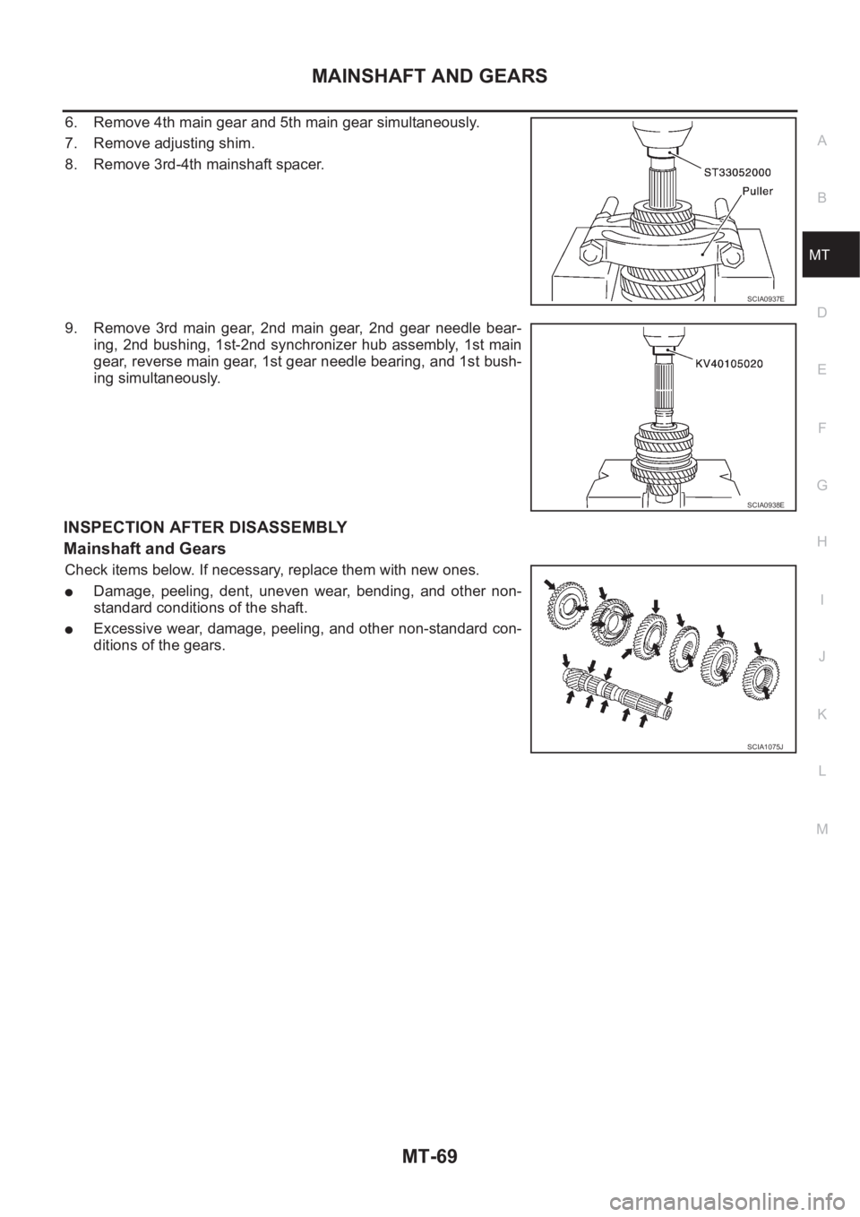 NISSAN X-TRAIL 2001 Service Repair Manual MAINSHAFT AND GEARS
MT-69
D
E
F
G
H
I
J
K
L
MA
B
MT
6. Remove 4th main gear and 5th main gear simultaneously.
7. Remove adjusting shim.
8. Remove 3rd-4th mainshaft spacer.
9. Remove 3rd main gear, NISSAN X-TRAIL 2001 Service Repair Manual MAINSHAFT AND GEARS
MT-69
D
E
F
G
H
I
J
K
L
MA
B
MT
6. Remove 4th main gear and 5th main gear simultaneously.
7. Remove adjusting shim.
8. Remove 3rd-4th mainshaft spacer.
9. Remove 3rd main gear,