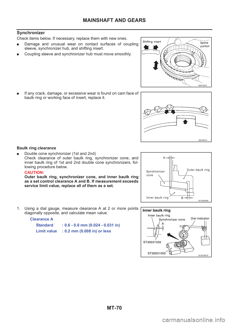 NISSAN X-TRAIL 2001 Service Repair Manual MT-70
MAINSHAFT AND GEARS
Synchronizer
Check items below. If necessary, replace them with new ones.
●Damage and unusual wear on contact surfaces of coupling
sleeve, synchronizer hub, and shifting in NISSAN X-TRAIL 2001 Service Repair Manual MT-70
MAINSHAFT AND GEARS
Synchronizer
Check items below. If necessary, replace them with new ones.
●Damage and unusual wear on contact surfaces of coupling
sleeve, synchronizer hub, and shifting in