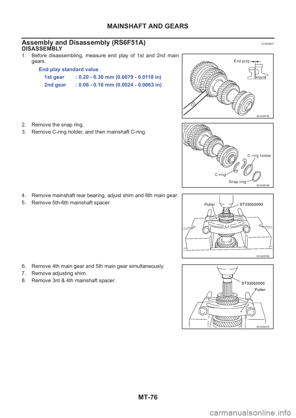 NISSAN X-TRAIL 2001 Service Repair Manual MT-76
MAINSHAFT AND GEARS
Assembly and Disassembly (RS6F51A)
ECS008C7
DISASSEMBLY
1. Before disassembling, measure end play of 1st and 2nd main
gears.
2. Remove the snap ring.
3. Remove C-rin NISSAN X-TRAIL 2001 Service Repair Manual MT-76
MAINSHAFT AND GEARS
Assembly and Disassembly (RS6F51A)
ECS008C7
DISASSEMBLY
1. Before disassembling, measure end play of 1st and 2nd main
gears.
2. Remove the snap ring.
3. Remove C-rin