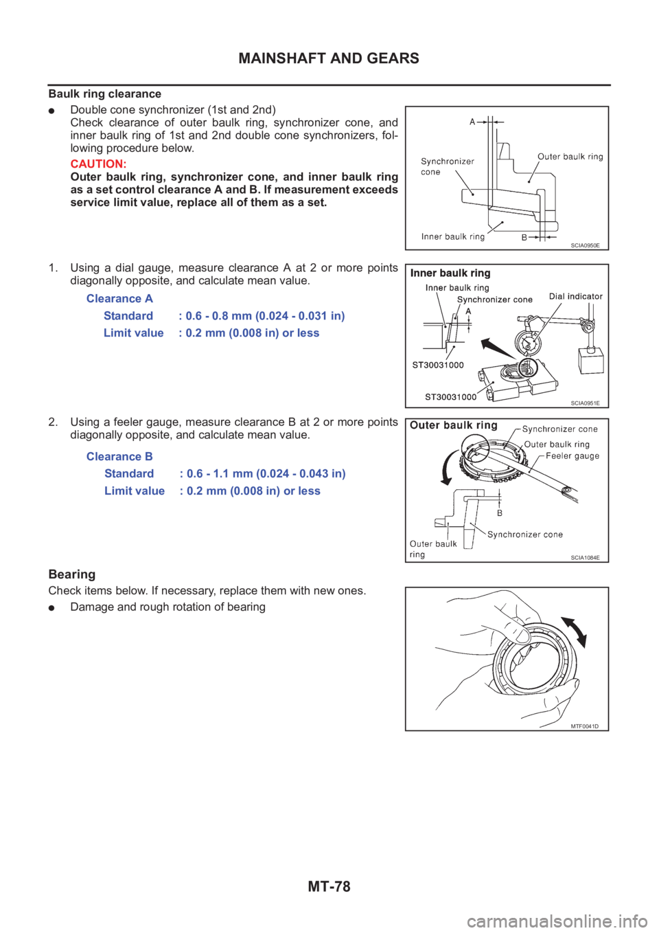 NISSAN X-TRAIL 2001 Service Repair Manual MT-78
MAINSHAFT AND GEARS
Baulk ring clearance
●Double cone synchronizer (1st and 2nd)
Check clearance of outer baulk ring, synchronizer cone, and
inner baulk ring of 1st and 2nd doub NISSAN X-TRAIL 2001 Service Repair Manual MT-78
MAINSHAFT AND GEARS
Baulk ring clearance
●Double cone synchronizer (1st and 2nd)
Check clearance of outer baulk ring, synchronizer cone, and
inner baulk ring of 1st and 2nd doub