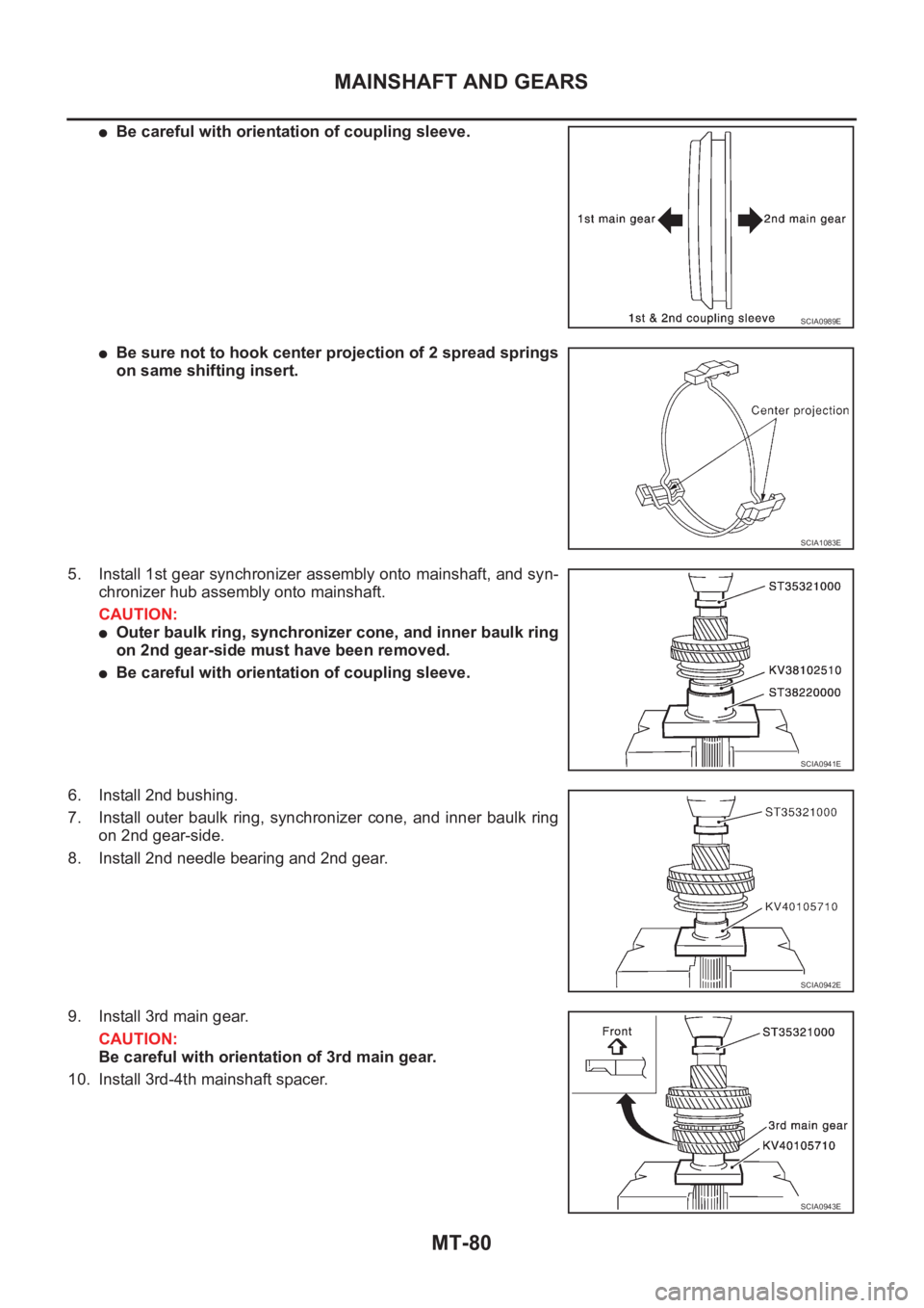 NISSAN X-TRAIL 2001 Service Repair Manual MT-80
MAINSHAFT AND GEARS
●Be careful with orientation of coupling sleeve.
●Be sure not to hook center projection of 2 spread springs
on same shifting insert.
5. Install 1st gear synchronizer asse NISSAN X-TRAIL 2001 Service Repair Manual MT-80
MAINSHAFT AND GEARS
●Be careful with orientation of coupling sleeve.
●Be sure not to hook center projection of 2 spread springs
on same shifting insert.
5. Install 1st gear synchronizer asse