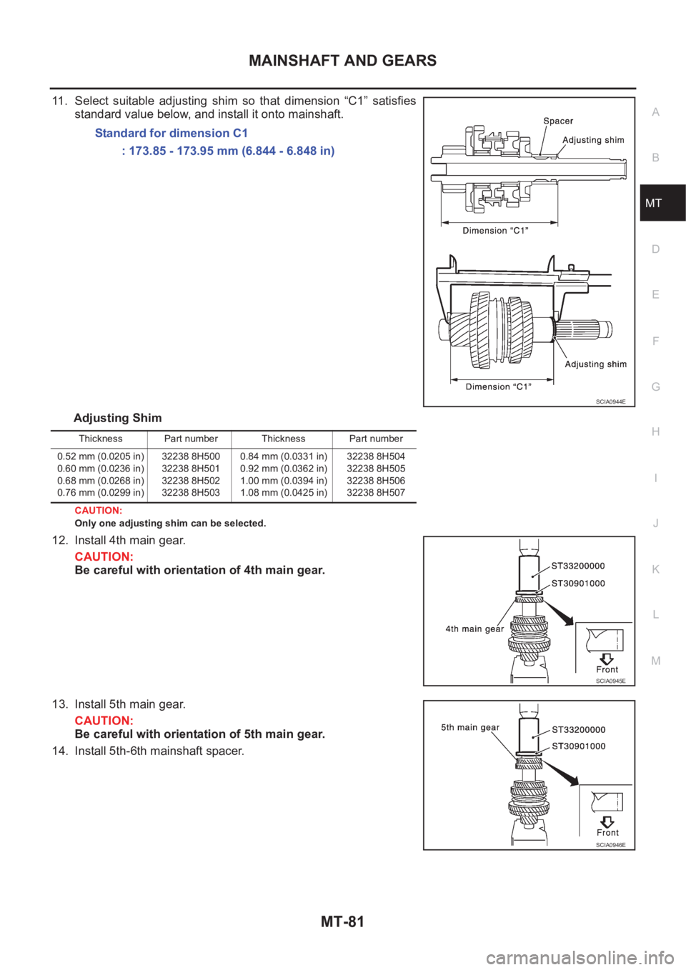 NISSAN X-TRAIL 2001 Service Repair Manual MAINSHAFT AND GEARS
MT-81
D
E
F
G
H
I
J
K
L
MA
B
MT
11. Select suitable adjusting shim so that dimension “C1” satisfies
standard value below, and install it onto mainshaft.
Adjusting Shim
NISSAN X-TRAIL 2001 Service Repair Manual MAINSHAFT AND GEARS
MT-81
D
E
F
G
H
I
J
K
L
MA
B
MT
11. Select suitable adjusting shim so that dimension “C1” satisfies
standard value below, and install it onto mainshaft.
Adjusting Shim