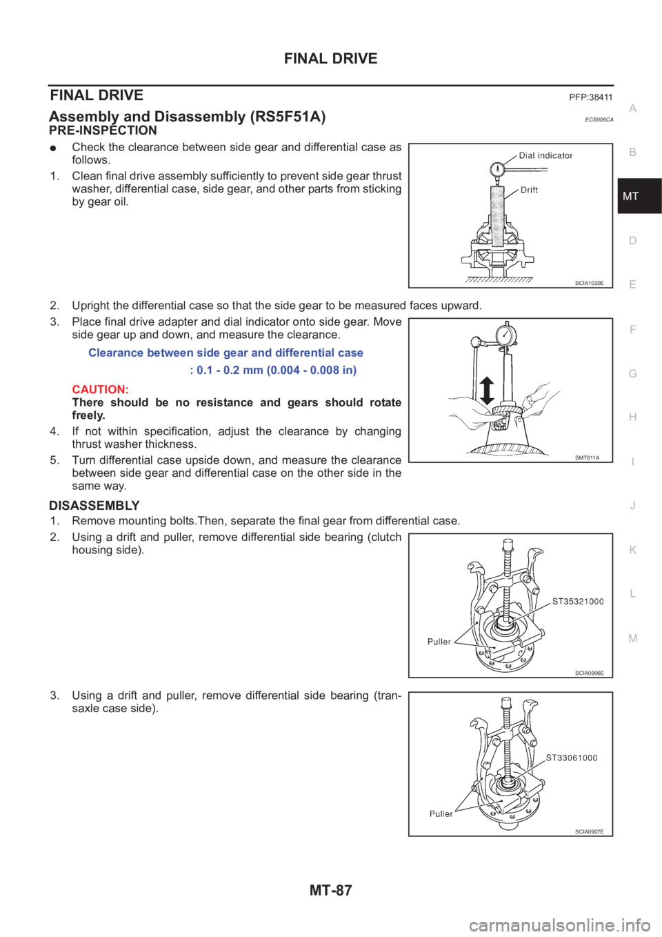 NISSAN X-TRAIL 2001 Service Repair Manual FINAL DRIVE
MT-87
D
E
F
G
H
I
J
K
L
MA
B
MT
FINAL DRIVEPFP:38411
Assembly and Disassembly (RS5F51A)ECS008CA
PRE-INSPECTION
●Check the clearance between side gear and differential case as
follows.
1. NISSAN X-TRAIL 2001 Service Repair Manual FINAL DRIVE
MT-87
D
E
F
G
H
I
J
K
L
MA
B
MT
FINAL DRIVEPFP:38411
Assembly and Disassembly (RS5F51A)ECS008CA
PRE-INSPECTION
●Check the clearance between side gear and differential case as
follows.
1.