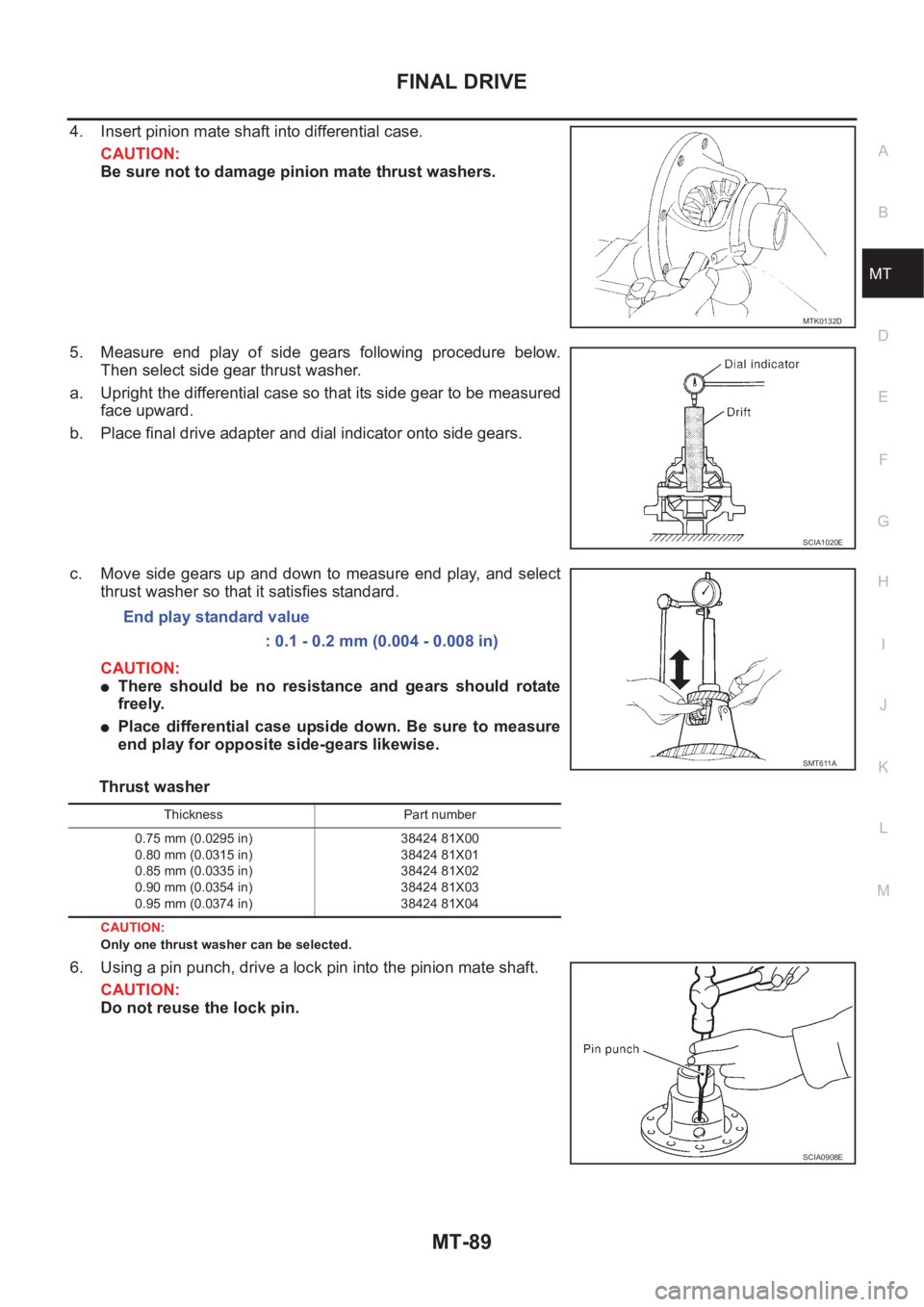 NISSAN X-TRAIL 2001 Service Repair Manual FINAL DRIVE
MT-89
D
E
F
G
H
I
J
K
L
MA
B
MT
4. Insert pinion mate shaft into differential case.
CAUTION:
Be sure not to damage pinion mate thrust washers.
5. Measure end play of side gears follo NISSAN X-TRAIL 2001 Service Repair Manual FINAL DRIVE
MT-89
D
E
F
G
H
I
J
K
L
MA
B
MT
4. Insert pinion mate shaft into differential case.
CAUTION:
Be sure not to damage pinion mate thrust washers.
5. Measure end play of side gears follo