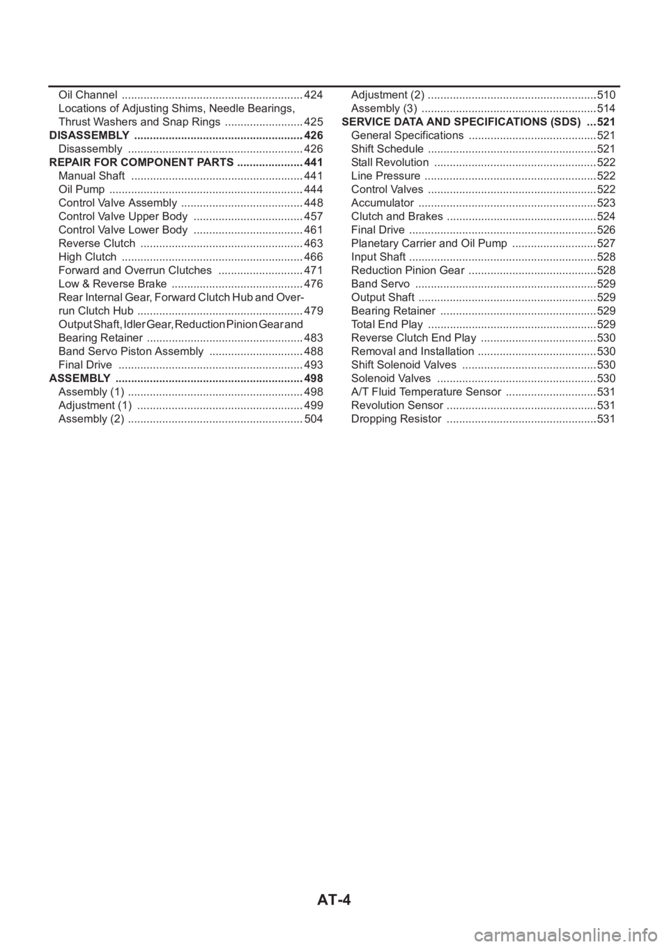 NISSAN X-TRAIL 2001 Service Repair Manual AT-4
Oil Channel ...........................................................424
Locations of Adjusting Shims, Needle Bearings,
Thrust Washers and Snap Rings ..........................425
DISASSEMBL NISSAN X-TRAIL 2001 Service Repair Manual AT-4
Oil Channel ...........................................................424
Locations of Adjusting Shims, Needle Bearings,
Thrust Washers and Snap Rings ..........................425
DISASSEMBL