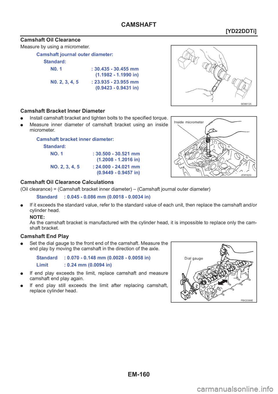 NISSAN X-TRAIL 2001  Service Repair Manual EM-160
[YD22DDTi]
CAMSHAFT
Camshaft Oil Clearance
Measure by using a micrometer.
Camshaft Bracket Inner Diameter
●Install camshaft bracket and tighten bolts to the specified torque.
●Measure  inne