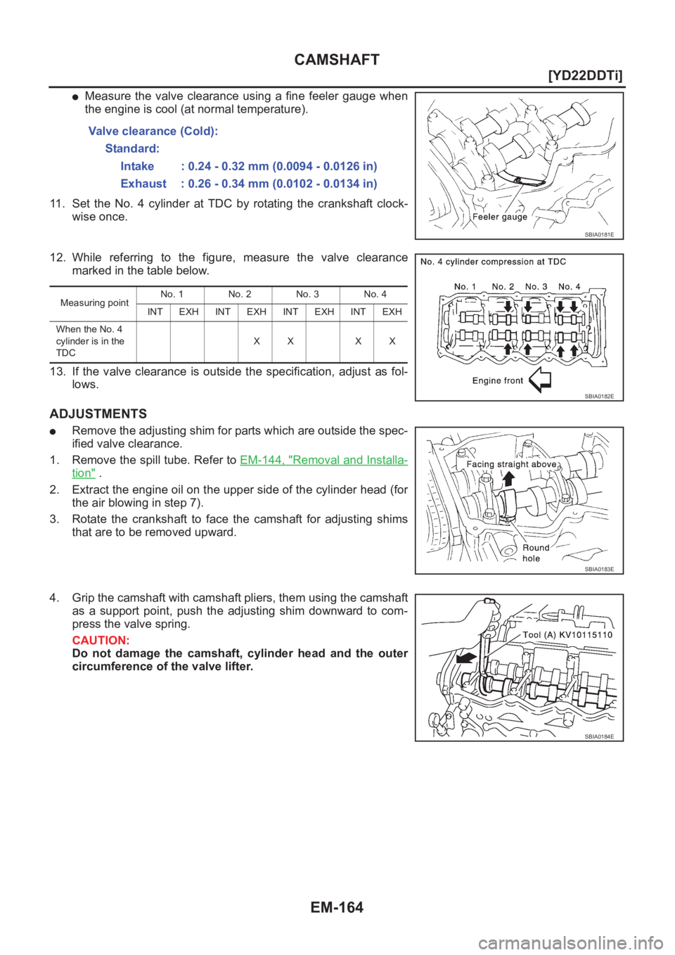 NISSAN X-TRAIL 2001  Service Repair Manual EM-164
[YD22DDTi]
CAMSHAFT
●Measure  the  valve  clearance  using  a  fine  feeler  gauge  when
the engine is cool (at normal temperature).
11. Set  the  No.  4  cylinder  at  TDC  by  rotating  the