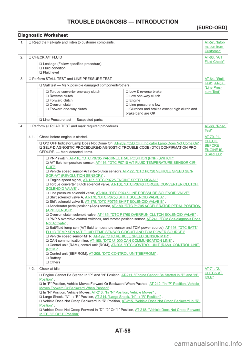 NISSAN X-TRAIL 2001  Service Repair Manual AT-58
[EURO-OBD]
TROUBLE DIAGNOSIS — INTRODUCTION
Diagnostic Worksheet
1.❏ Read the Fail-safe and listen to customer complaints.AT-57, "Infor-
mation from 
Customer"
2.❏ CHECK A/T FLUIDA