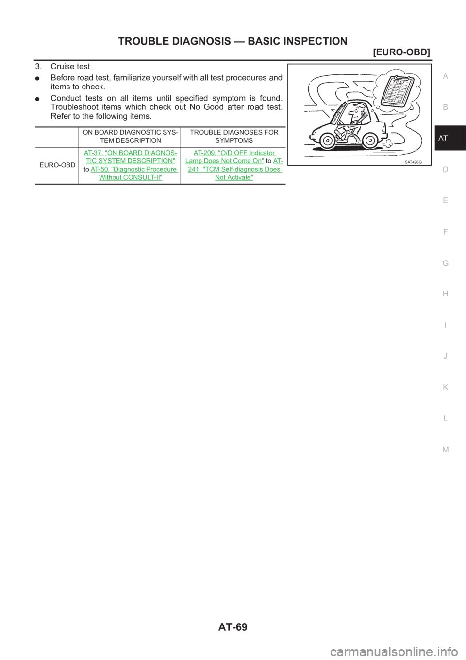 NISSAN X-TRAIL 2001  Service Repair Manual TROUBLE DIAGNOSIS — BASIC INSPECTION
AT-69
[EURO-OBD]
D
E
F
G
H
I
J
K
L
MA
B
AT
3. Cruise test
●Before road test, familiarize yourself with all test procedures and
items to check.
●Conduct tests