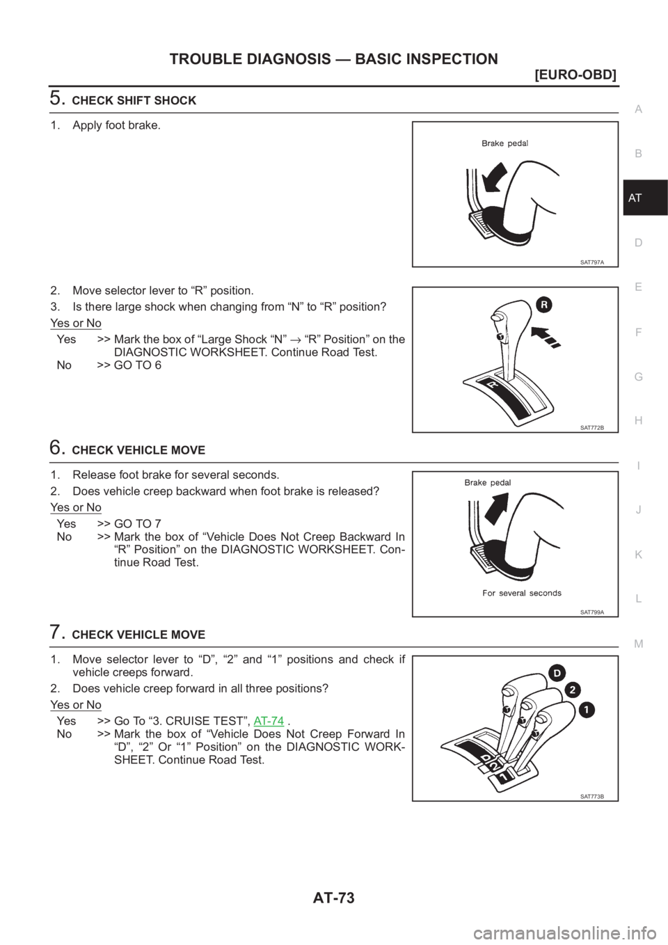NISSAN X-TRAIL 2001  Service Repair Manual TROUBLE DIAGNOSIS — BASIC INSPECTION
AT-73
[EURO-OBD]
D
E
F
G
H
I
J
K
L
MA
B
AT
5.CHECK SHIFT SHOCK
1. Apply foot brake.
2. Move selector lever to “R” position.
3. Is there large shock when chan