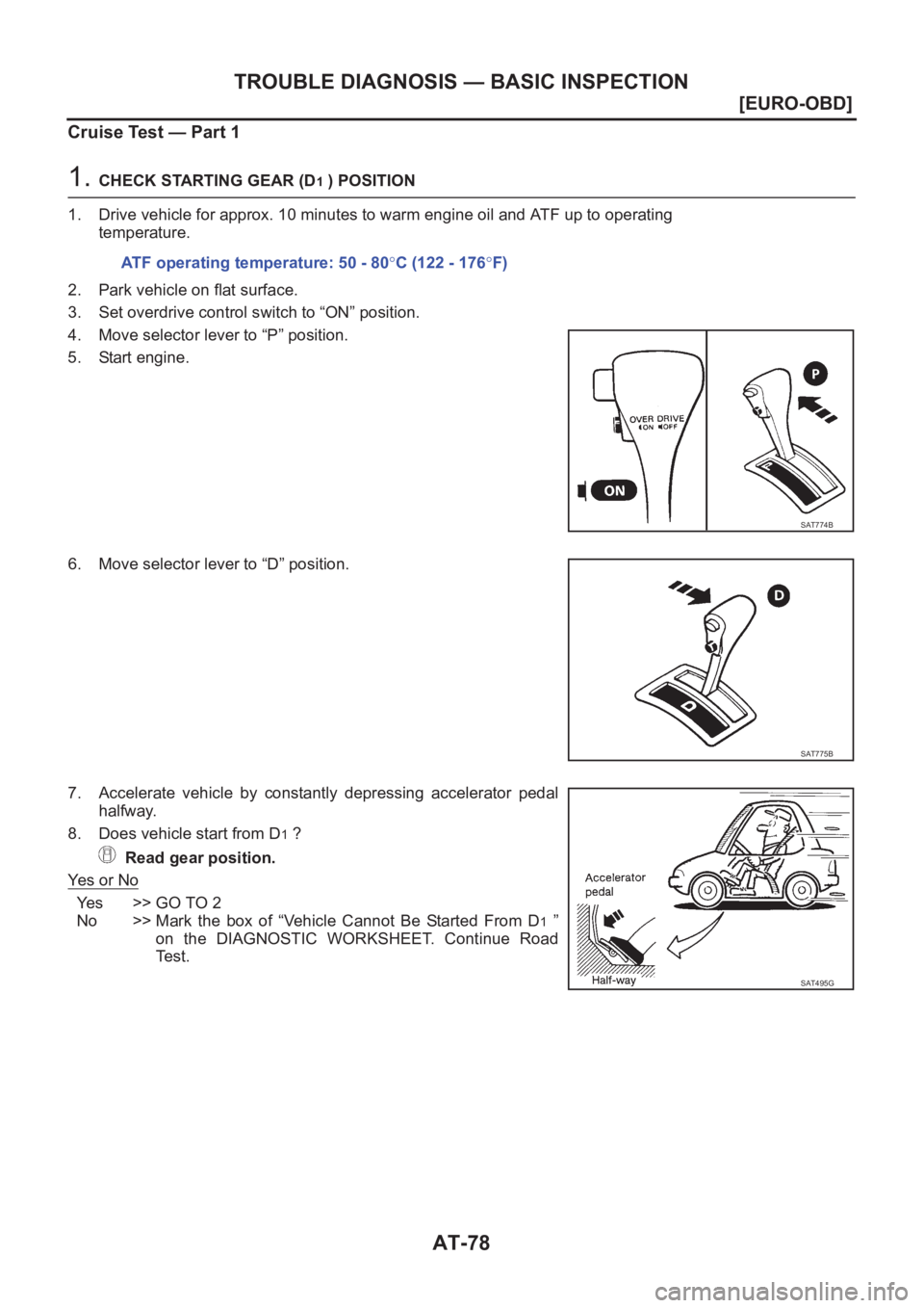 NISSAN X-TRAIL 2001  Service Repair Manual AT-78
[EURO-OBD]
TROUBLE DIAGNOSIS — BASIC INSPECTION
Cruise Test — Part 1
1. CHECK STARTING GEAR (D1 ) POSITION
1. Drive vehicle for approx. 10 minutes to warm engine oil and ATF up to operating
