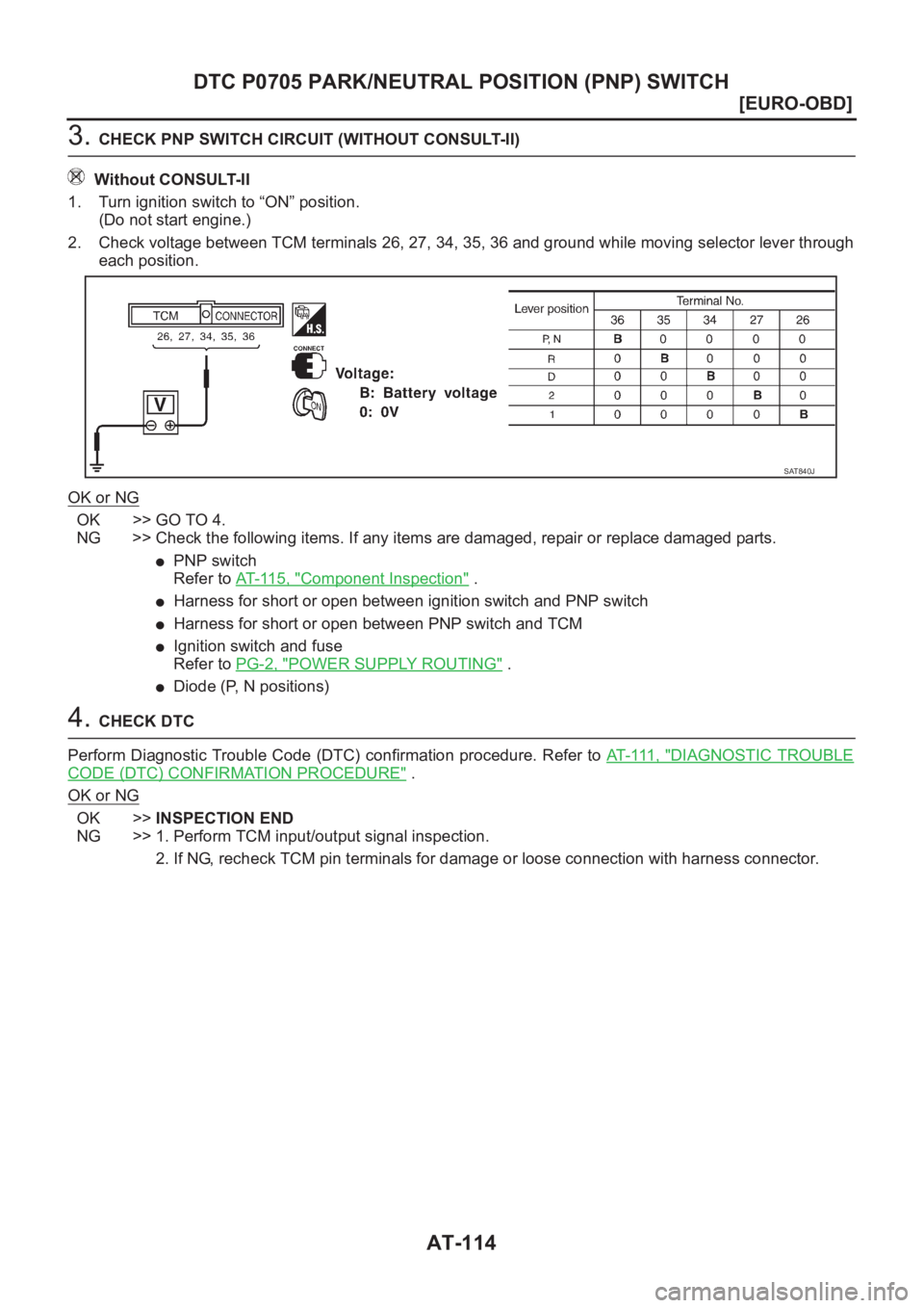 NISSAN X-TRAIL 2001  Service Repair Manual AT-114
[EURO-OBD]
DTC P0705 PARK/NEUTRAL POSITION (PNP) SWITCH
3. CHECK PNP SWITCH CIRCUIT (WITHOUT CONSULT-II)
Without CONSULT-II
1. Turn ignition switch to “ON” position.
(Do not start engine.)

