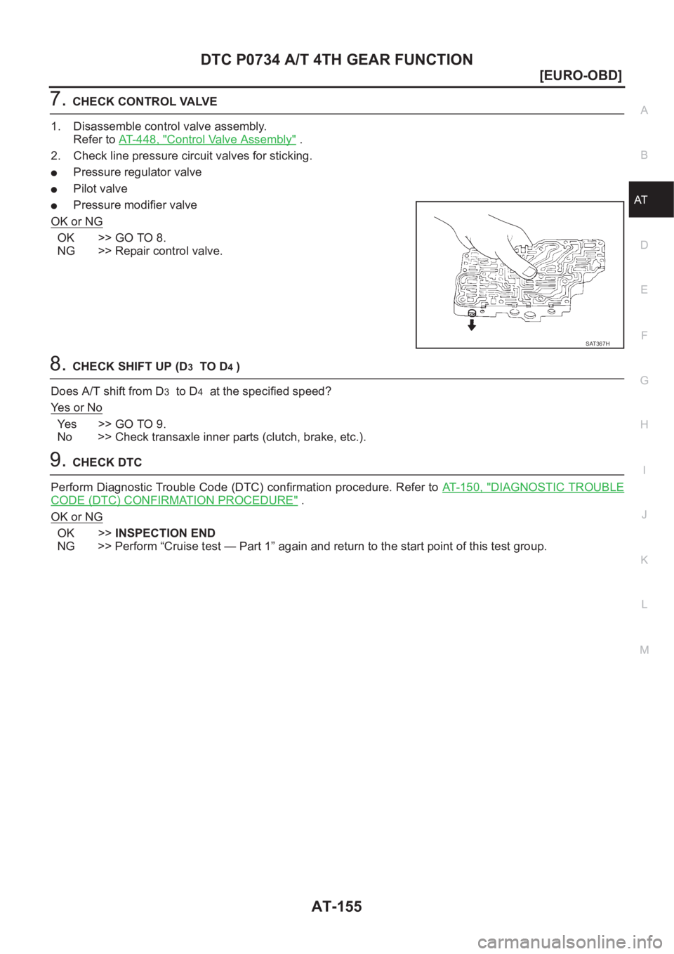 NISSAN X-TRAIL 2001  Service Repair Manual DTC P0734 A/T 4TH GEAR FUNCTION
AT-155
[EURO-OBD]
D
E
F
G
H
I
J
K
L
MA
B
AT
7.CHECK CONTROL VALVE
1. Disassemble control valve assembly.
Refer to AT-448, "
Control Valve Assembly" .
2. Check l