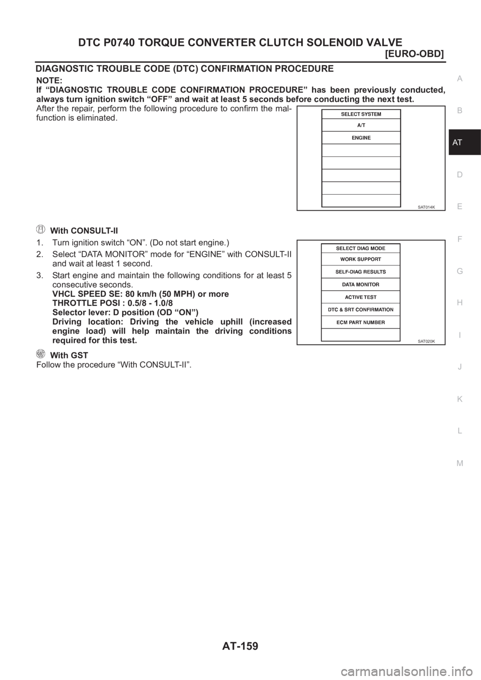 NISSAN X-TRAIL 2001  Service Repair Manual DTC P0740 TORQUE CONVERTER CLUTCH SOLENOID VALVE
AT-159
[EURO-OBD]
D
E
F
G
H
I
J
K
L
MA
B
AT
DIAGNOSTIC TROUBLE CODE (DTC) CONFIRMATION PROCEDURE
NOTE:
If  “DIAGNOSTIC  TROUBLE  CODE  CONFIRMATION  