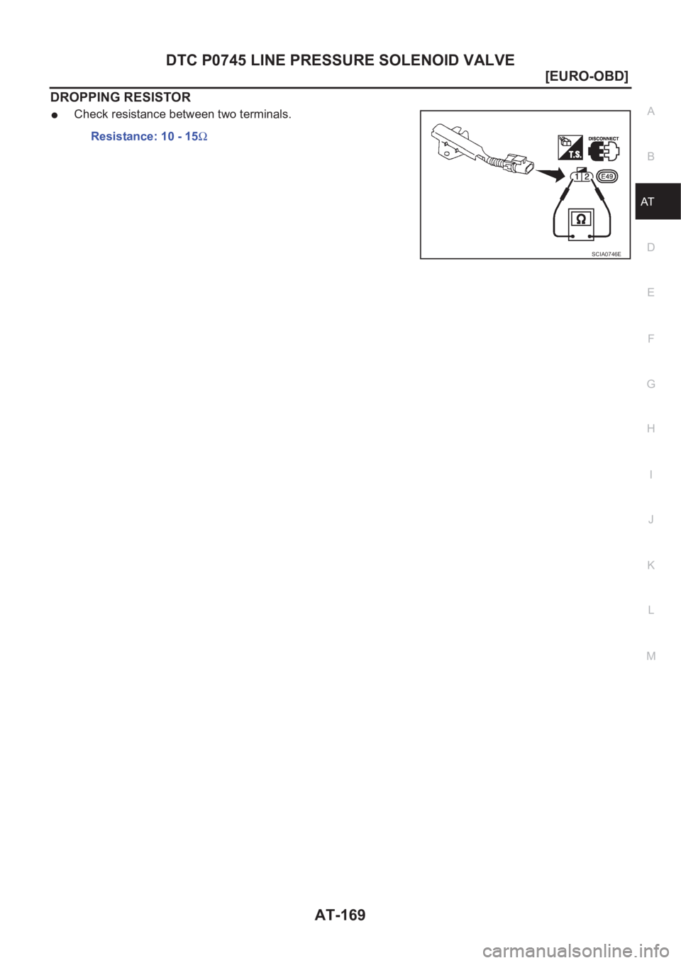 NISSAN X-TRAIL 2001  Service Repair Manual DTC P0745 LINE PRESSURE SOLENOID VALVE
AT-169
[EURO-OBD]
D
E
F
G
H
I
J
K
L
MA
B
AT
DROPPING RESISTOR
●Check resistance between two terminals.
Resistance: 10 - 15Ω
SCIA0746E 