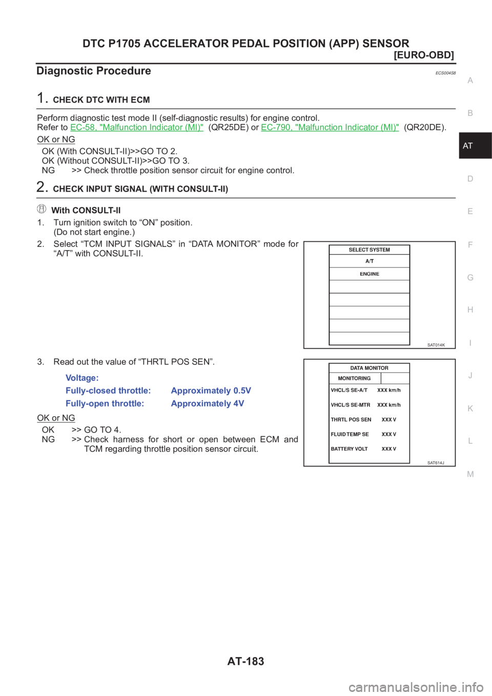 NISSAN X-TRAIL 2001  Service Repair Manual DTC P1705 ACCELERATOR PEDAL POSITION (APP) SENSOR
AT-183
[EURO-OBD]
D
E
F
G
H
I
J
K
L
MA
B
AT
Diagnostic ProcedureECS004S8
1.CHECK DTC WITH ECM
Perform diagnostic test mode II (self-diagnostic results
