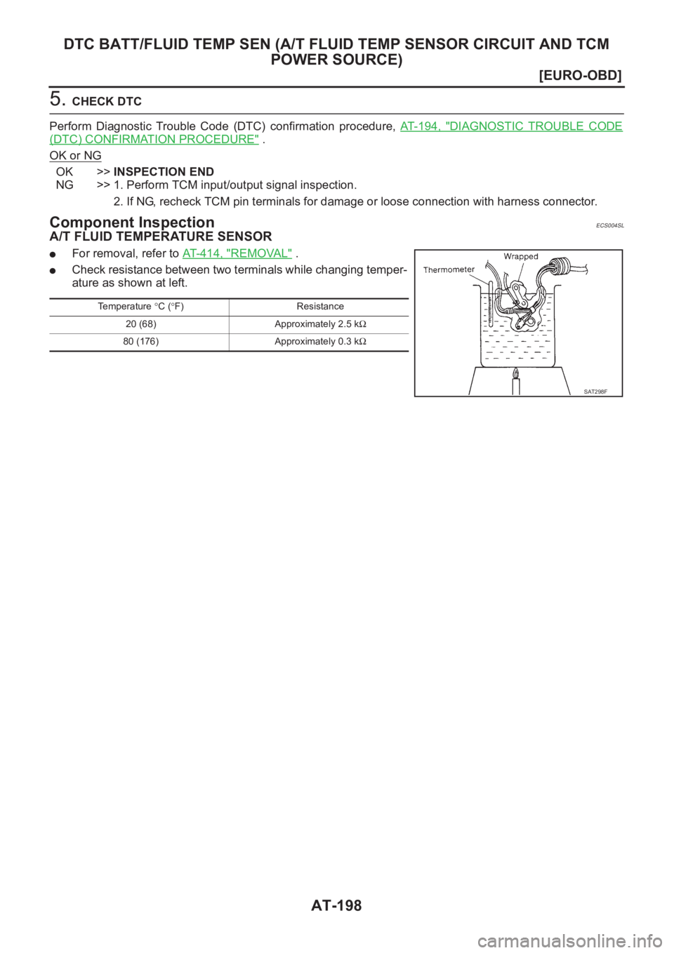 NISSAN X-TRAIL 2001  Service Repair Manual AT-198
[EURO-OBD]
DTC BATT/FLUID TEMP SEN (A/T FLUID TEMP SENSOR CIRCUIT AND TCM 
POWER SOURCE)
5. CHECK DTC
Perform  Diagnostic  Trouble  Code  (DTC)  confirmation  procedure, AT- 1 9 4 ,   "
DIA