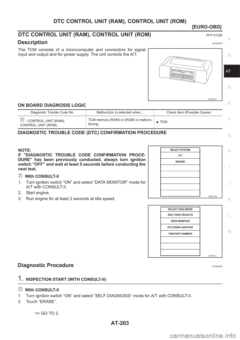 NISSAN X-TRAIL 2001  Service Repair Manual DTC CONTROL UNIT (RAM), CONTROL UNIT (ROM)
AT-203
[EURO-OBD]
D
E
F
G
H
I
J
K
L
MA
B
AT
DTC CONTROL UNIT (RAM), CONTROL UNIT (ROM)PFP:31036
DescriptionECS004SP
The  TCM  consists  of  a  microcomputer 