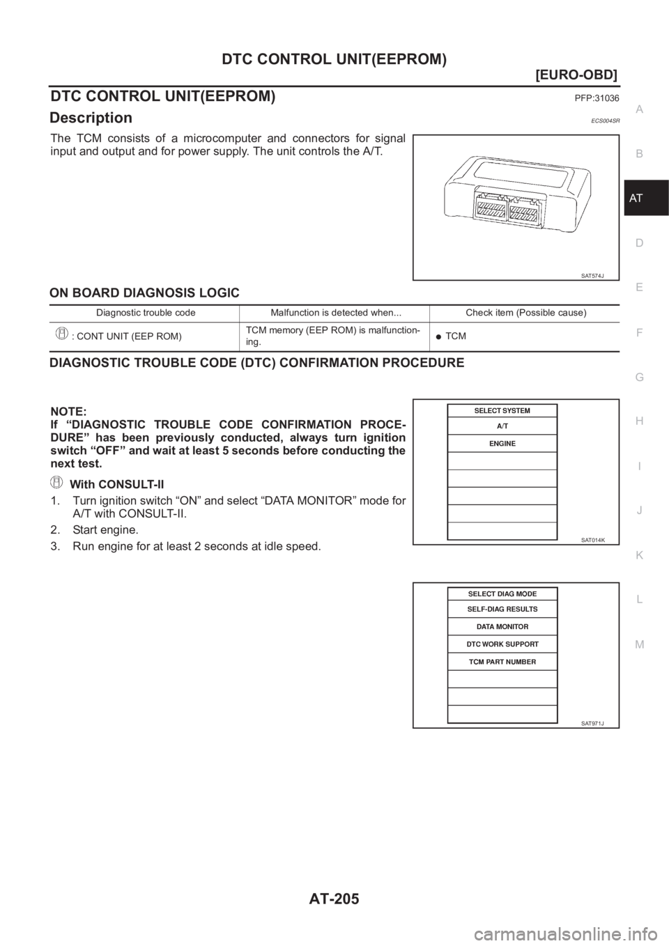 NISSAN X-TRAIL 2001  Service Repair Manual DTC CONTROL UNIT(EEPROM)
AT-205
[EURO-OBD]
D
E
F
G
H
I
J
K
L
MA
B
AT
DTC CONTROL UNIT(EEPROM)PFP:31036
DescriptionECS004SR
The  TCM  consists  of  a  microcomputer  and  connectors  for  signal
input 