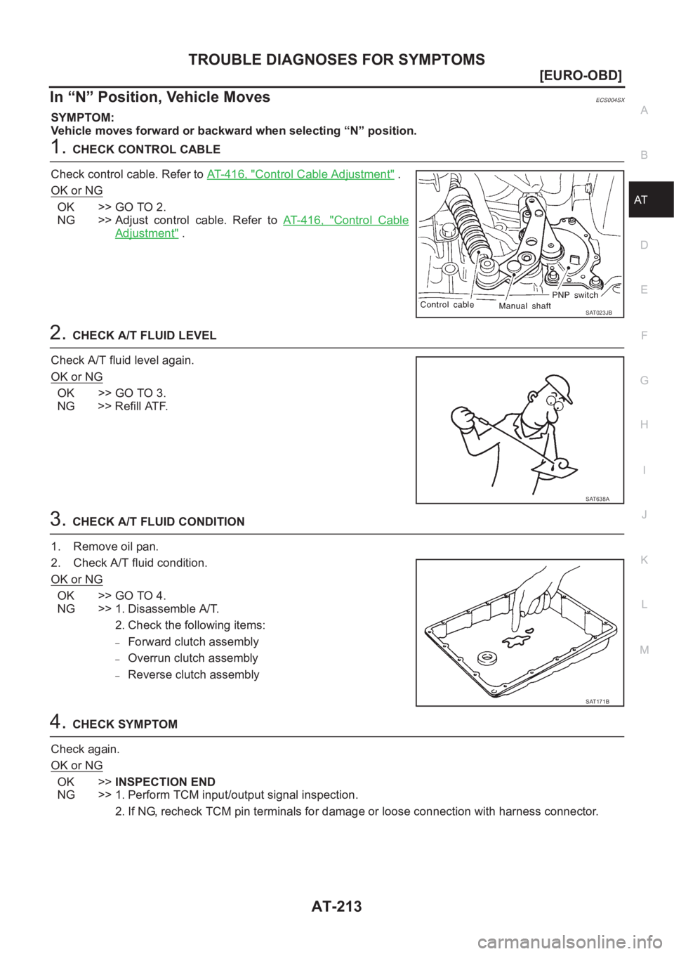 NISSAN X-TRAIL 2001  Service Repair Manual TROUBLE DIAGNOSES FOR SYMPTOMS
AT-213
[EURO-OBD]
D
E
F
G
H
I
J
K
L
MA
B
AT
In “N” Position, Vehicle MovesECS004SX
SYMPTOM:
Vehicle moves forward or backward when selecting “N” position.
1.CHEC