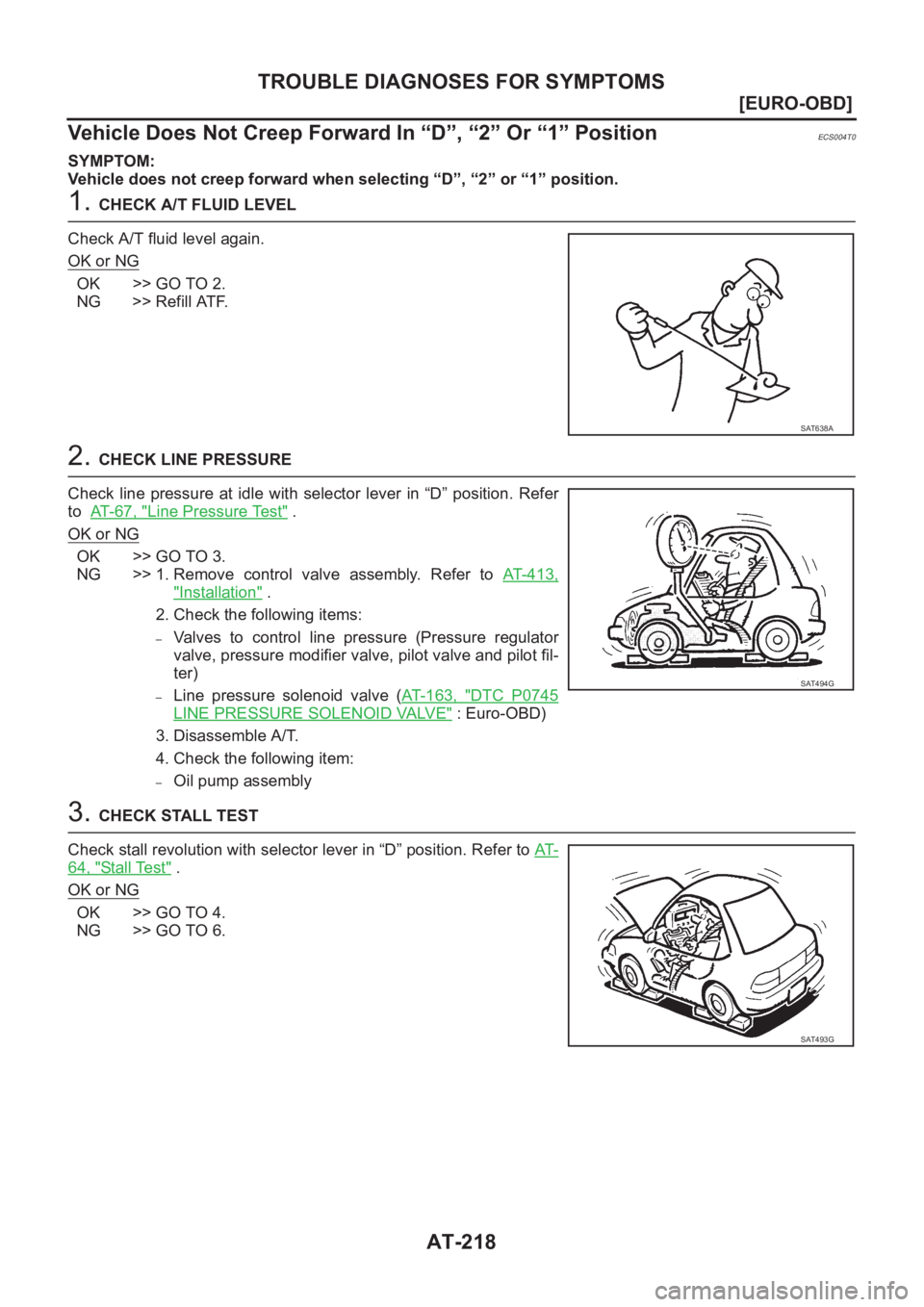 NISSAN X-TRAIL 2001  Service Repair Manual AT-218
[EURO-OBD]
TROUBLE DIAGNOSES FOR SYMPTOMS
Vehicle Does Not Creep Forward In “D”, “2” Or “1” Position
ECS004T0
SYMPTOM:
Vehicle does not creep forward when selecting “D”, “2”