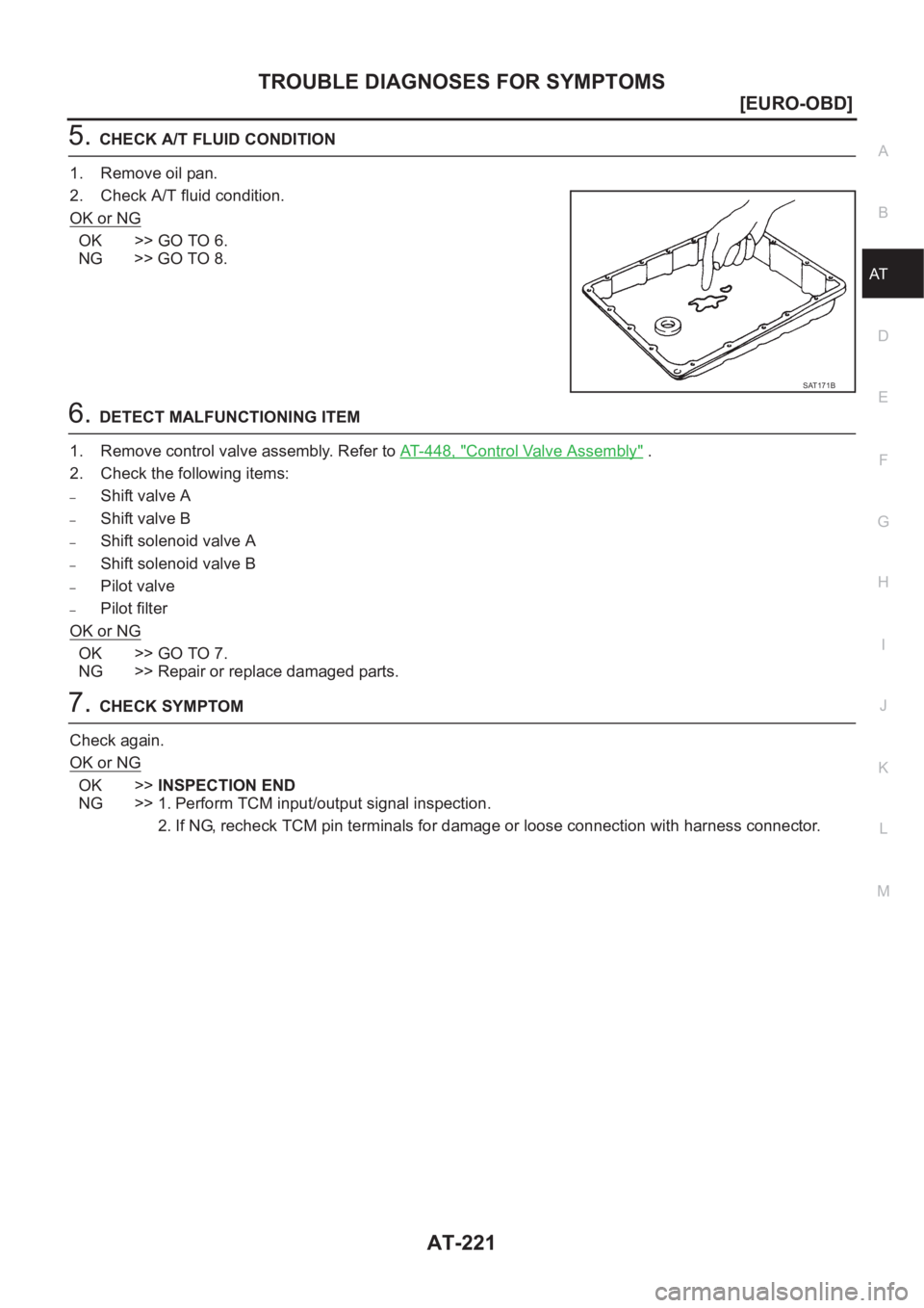NISSAN X-TRAIL 2001  Service Repair Manual TROUBLE DIAGNOSES FOR SYMPTOMS
AT-221
[EURO-OBD]
D
E
F
G
H
I
J
K
L
MA
B
AT
5.CHECK A/T FLUID CONDITION
1. Remove oil pan.
2. Check A/T fluid condition.
OK or NG
OK >> GO TO 6.
NG >> GO TO 8.
6.DETECT 