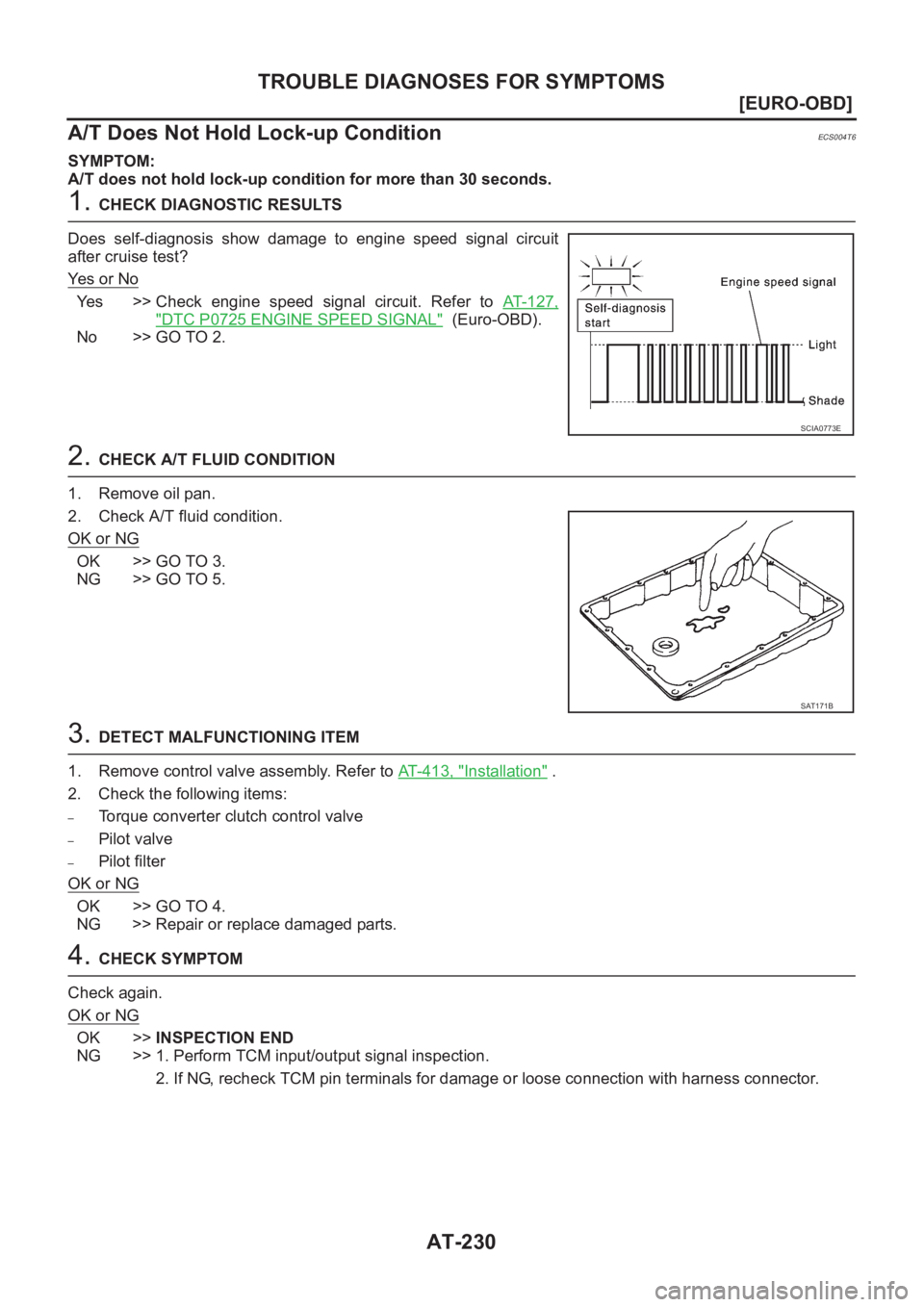 NISSAN X-TRAIL 2001  Service Repair Manual AT-230
[EURO-OBD]
TROUBLE DIAGNOSES FOR SYMPTOMS
A/T Does Not Hold Lock-up Condition
ECS004T6
SYMPTOM:
A/T does not hold lock-up condition for more than 30 seconds.
1. CHECK DIAGNOSTIC RESULTS
Does  s