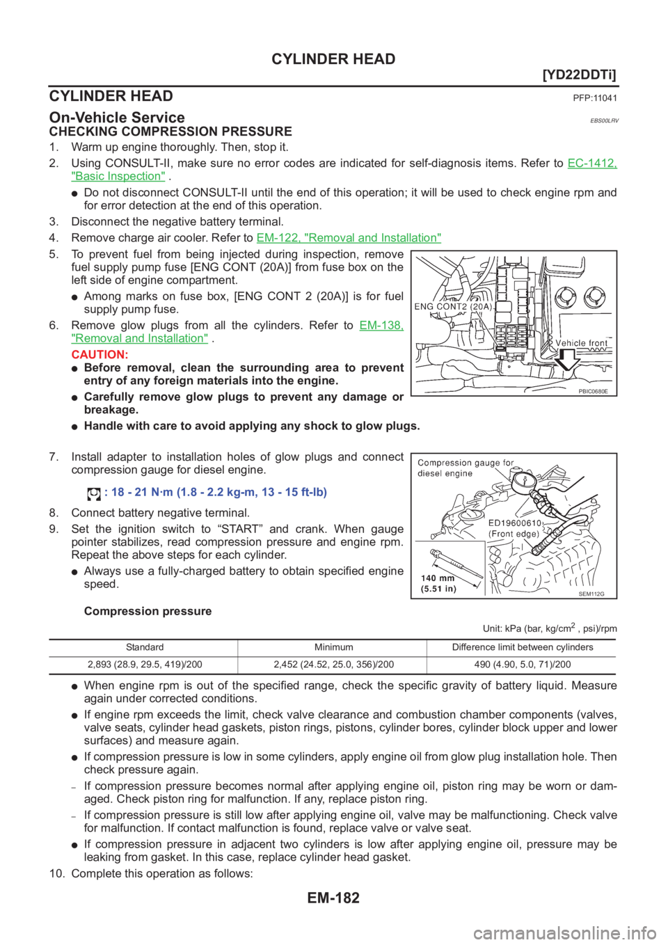 NISSAN X-TRAIL 2001  Service Repair Manual EM-182
[YD22DDTi]
CYLINDER HEAD
CYLINDER HEAD
PFP:11041
On-Vehicle ServiceEBS00LRV
CHECKING COMPRESSION PRESSURE
1. Warm up engine thoroughly. Then, stop it.
2. Using  CONSULT-II,  make  sure  no  err