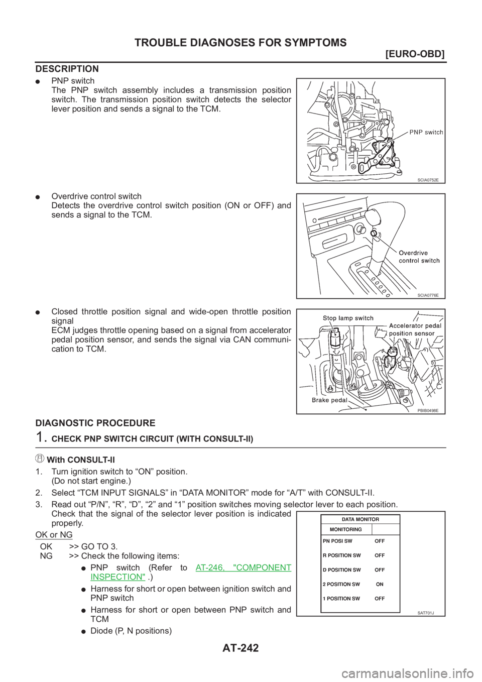 NISSAN X-TRAIL 2001  Service Repair Manual AT-242
[EURO-OBD]
TROUBLE DIAGNOSES FOR SYMPTOMS
DESCRIPTION
●PNP switch
The  PNP  switch  assembly  includes  a  transmission  position
switch.  The  transmission  position  switch  detects  the  s