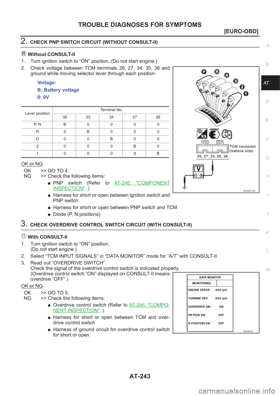 NISSAN X-TRAIL 2001  Service Repair Manual TROUBLE DIAGNOSES FOR SYMPTOMS
AT-243
[EURO-OBD]
D
E
F
G
H
I
J
K
L
MA
B
AT
2.CHECK PNP SWITCH CIRCUIT (WITHOUT CONSULT-II)
Without CONSULT-II
1. Turn ignition switch to “ON” position. (Do not star