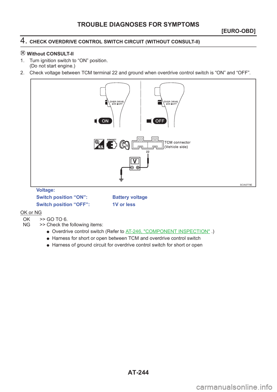 NISSAN X-TRAIL 2001  Service Repair Manual AT-244
[EURO-OBD]
TROUBLE DIAGNOSES FOR SYMPTOMS
4. CHECK OVERDRIVE CONTROL SWITCH CIRCUIT (WITHOUT CONSULT-II)
Without CONSULT-II
1. Turn ignition switch to “ON” position.
(Do not start engine.)
