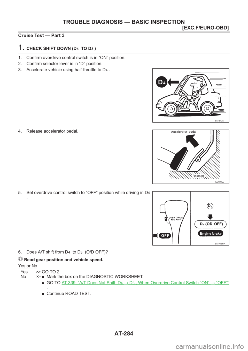 NISSAN X-TRAIL 2001  Service Repair Manual AT-284
[EXC.F/EURO-OBD]
TROUBLE DIAGNOSIS — BASIC INSPECTION
Cruise Test — Part 3
1. CHECK SHIFT DOWN (D4  TO D3 )
1. Confirm overdrive control switch is in “ON” position.
2. Confirm selector 