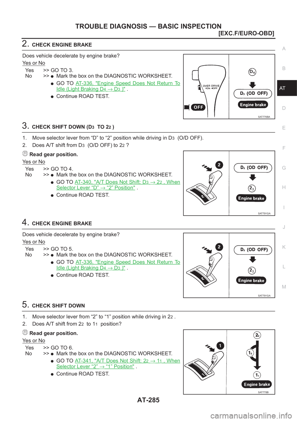 NISSAN X-TRAIL 2001  Service Repair Manual TROUBLE DIAGNOSIS — BASIC INSPECTION
AT-285
[EXC.F/EURO-OBD]
D
E
F
G
H
I
J
K
L
MA
B
AT
2.CHECK ENGINE BRAKE
Does vehicle decelerate by engine brake?
Ye s   o r   N o
Ye s > > G O   T O   3 .
No >>
