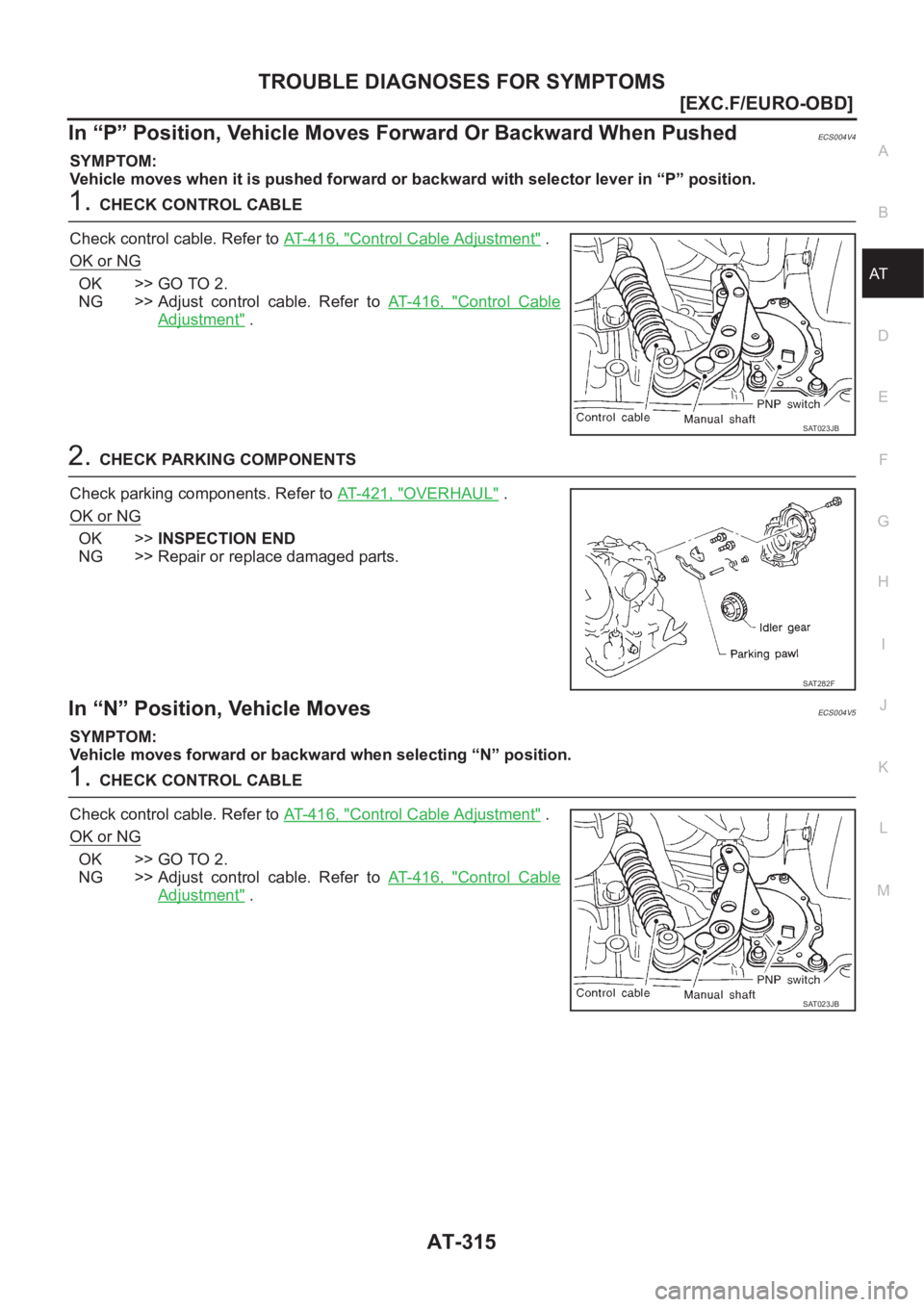 NISSAN X-TRAIL 2001  Service Repair Manual TROUBLE DIAGNOSES FOR SYMPTOMS
AT-315
[EXC.F/EURO-OBD]
D
E
F
G
H
I
J
K
L
MA
B
AT
In “P” Position, Vehicle Moves Forward Or Backward When PushedECS004V4
SYMPTOM:
Vehicle moves when it is pushed for