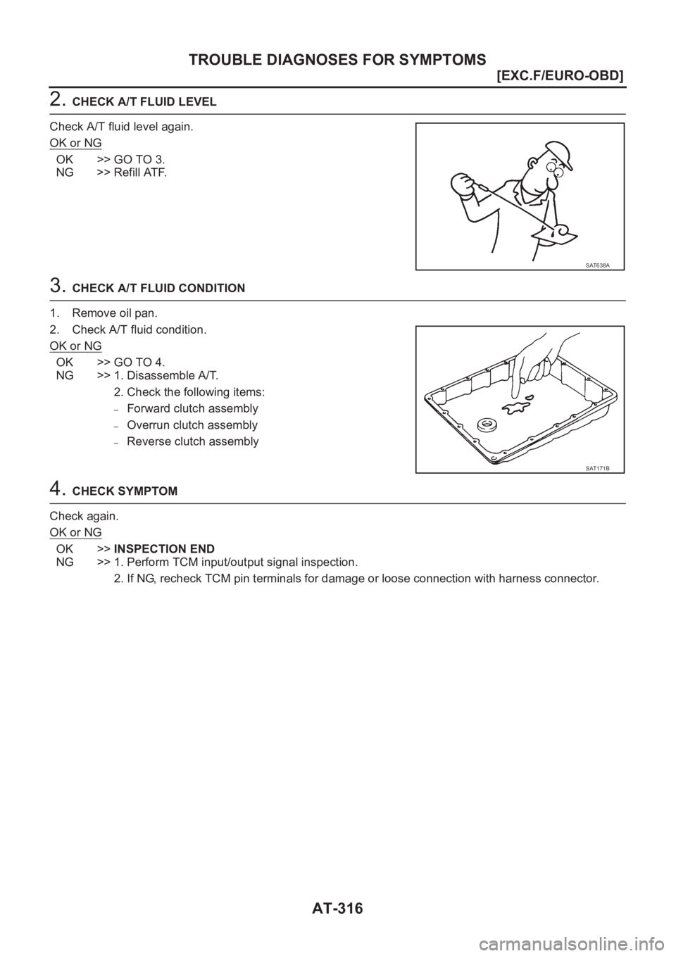 NISSAN X-TRAIL 2001  Service Repair Manual AT-316
[EXC.F/EURO-OBD]
TROUBLE DIAGNOSES FOR SYMPTOMS
2. CHECK A/T FLUID LEVEL
Check A/T fluid level again.
OK or NG
OK >> GO TO 3.
NG >> Refill ATF.
3. CHECK A/T FLUID CONDITION
1. Remove oil pan.
2
