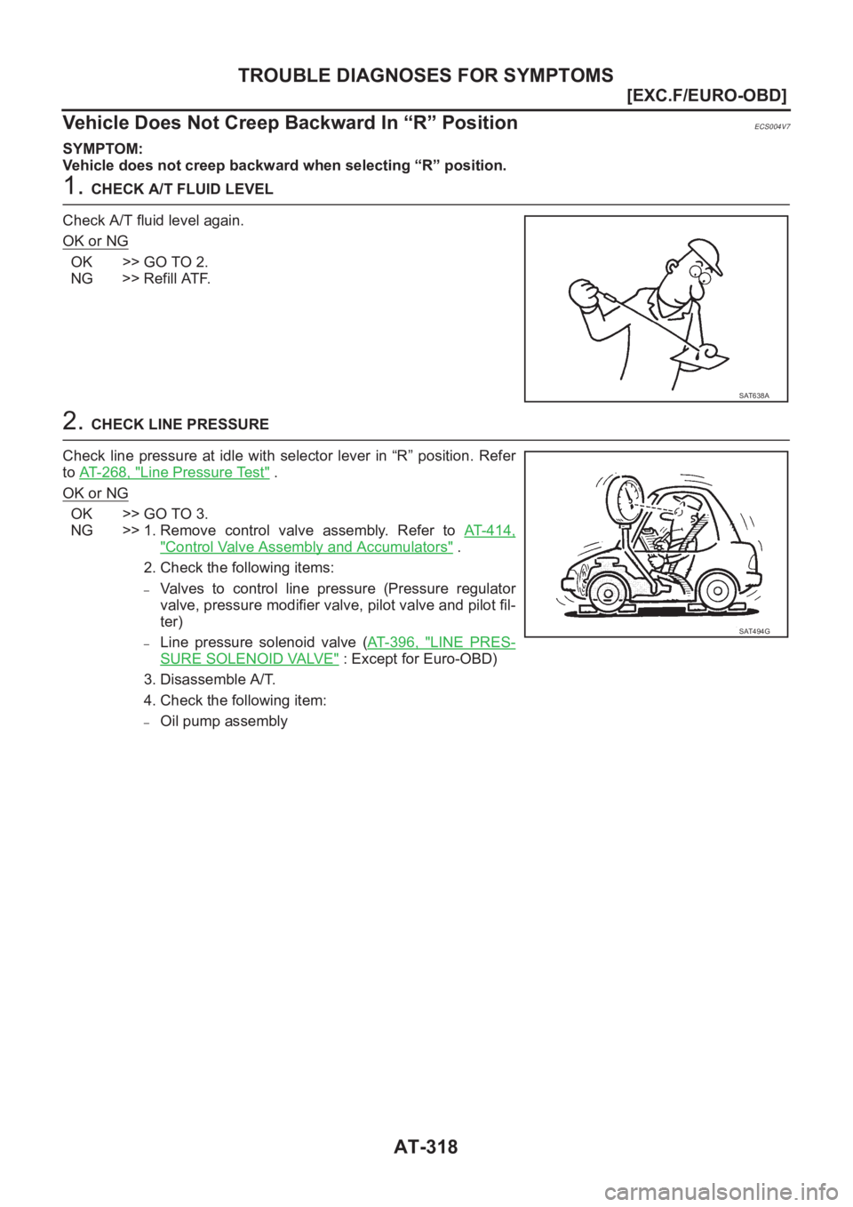 NISSAN X-TRAIL 2001  Service Repair Manual AT-318
[EXC.F/EURO-OBD]
TROUBLE DIAGNOSES FOR SYMPTOMS
Vehicle Does Not Creep Backward In “R” Position
ECS004V7
SYMPTOM:
Vehicle does not creep backward when selecting “R” position.
1. CHECK A