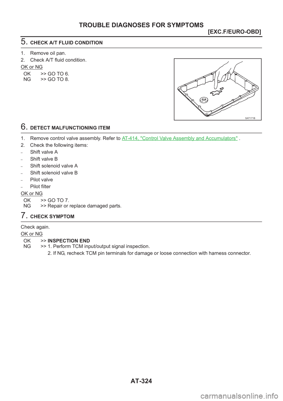 NISSAN X-TRAIL 2001  Service Repair Manual AT-324
[EXC.F/EURO-OBD]
TROUBLE DIAGNOSES FOR SYMPTOMS
5. CHECK A/T FLUID CONDITION
1. Remove oil pan.
2. Check A/T fluid condition.
OK or NG
OK >> GO TO 6.
NG >> GO TO 8.
6. DETECT MALFUNCTIONING ITE