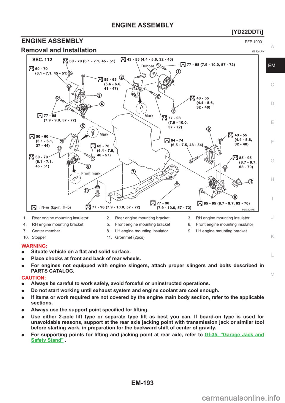 NISSAN X-TRAIL 2001  Service Repair Manual ENGINE ASSEMBLY
EM-193
[YD22DDTi]
C
D
E
F
G
H
I
J
K
L
MA
EM
ENGINE ASSEMBLYPFP:10001
Removal and InstallationEBS00LRY
WARNING:
●Situate vehicle on a flat and solid surface.
●Place chocks at front 