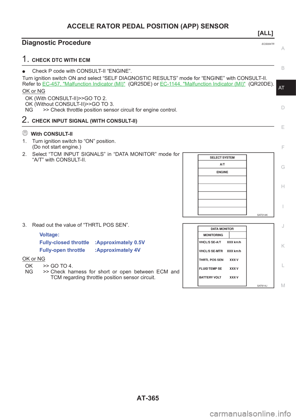 NISSAN X-TRAIL 2001  Service Repair Manual ACCELE RATOR PEDAL POSITION (APP) SENSOR
AT-365
[ALL]
D
E
F
G
H
I
J
K
L
MA
B
AT
Diagnostic ProcedureECS004TR
1.CHECK DTC WITH ECM
●Check P code with CONSULT-II “ENGINE”.
Turn ignition switch ON 