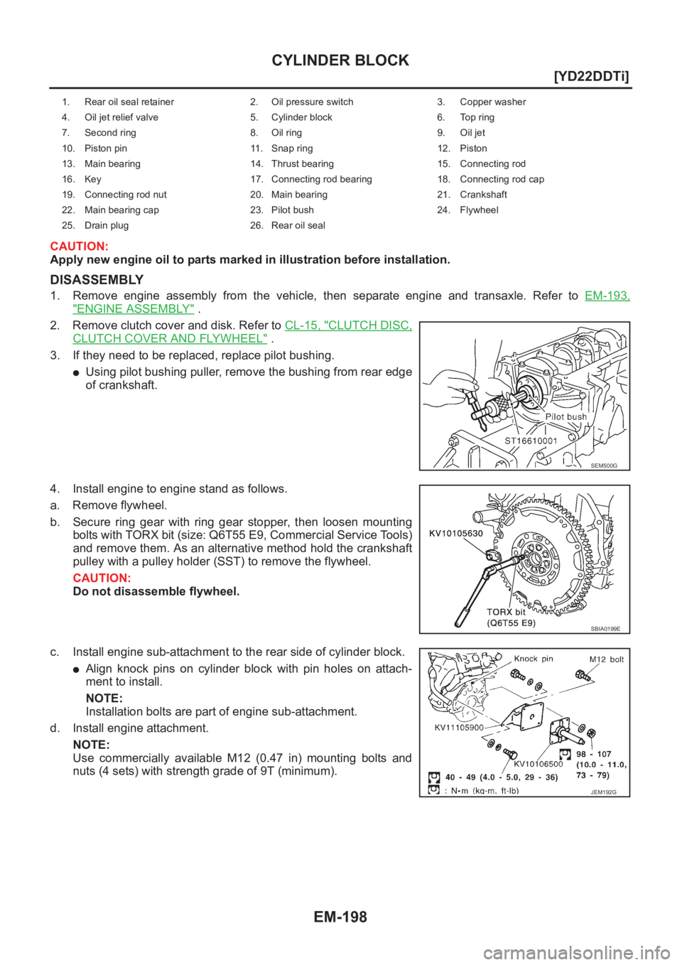 NISSAN X-TRAIL 2001  Service Repair Manual EM-198
[YD22DDTi]
CYLINDER BLOCK
CAUTION:
Apply new engine oil to parts marked in illustration before installation.
DISASSEMBLY
1. Remove  engine  assembly  from  the  vehicle,  then  separate  engine