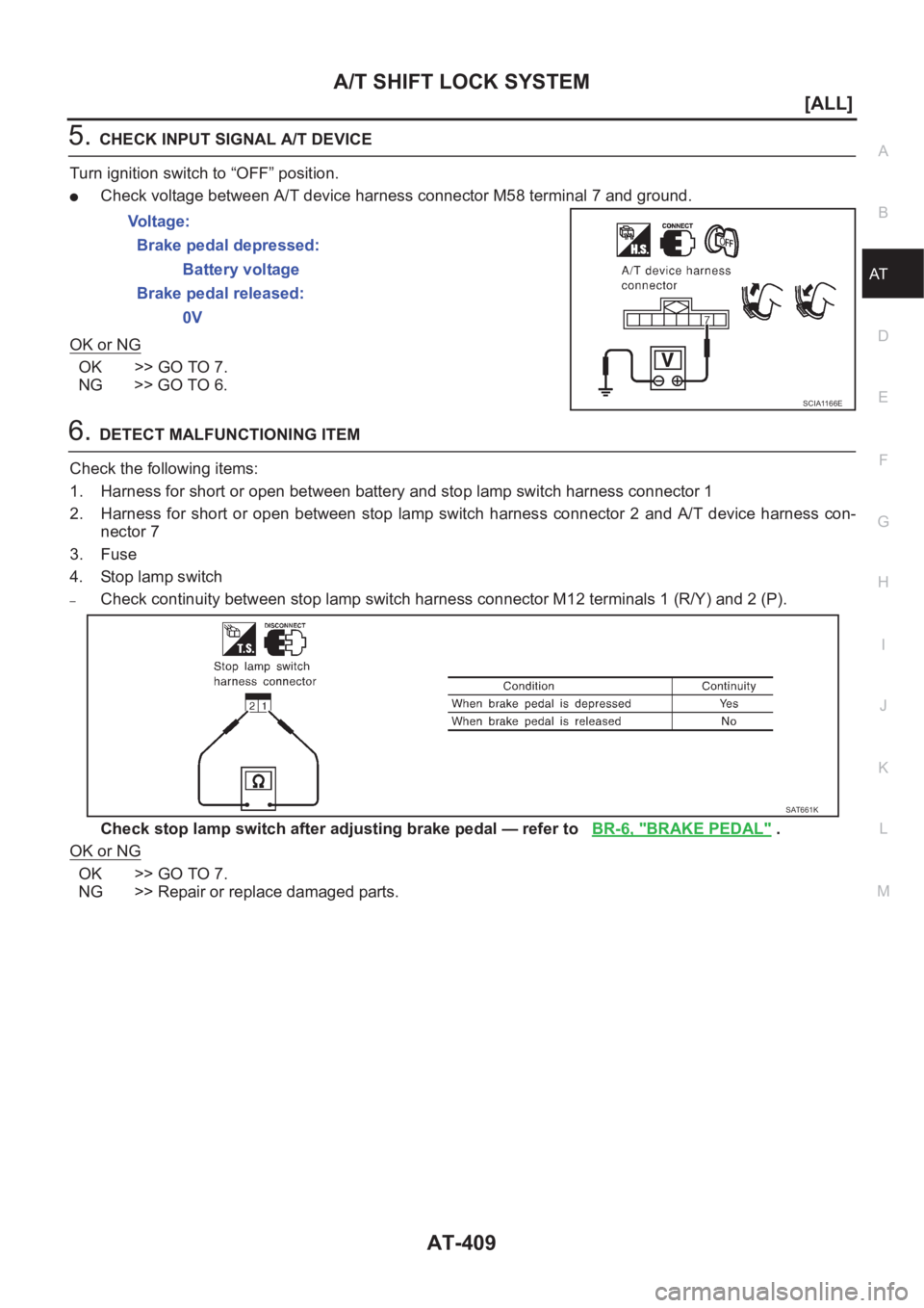 NISSAN X-TRAIL 2001  Service Repair Manual A/T SHIFT LOCK SYSTEM
AT-409
[ALL]
D
E
F
G
H
I
J
K
L
MA
B
AT
5.CHECK INPUT SIGNAL A/T DEVICE
Turn ignition switch to “OFF” position.
●Check voltage between A/T device harness connector M58 termi