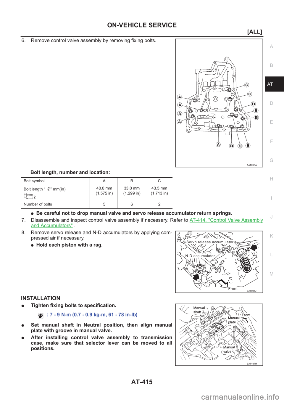 NISSAN X-TRAIL 2001  Service Repair Manual ON-VEHICLE SERVICE
AT-415
[ALL]
D
E
F
G
H
I
J
K
L
MA
B
AT
6. Remove control valve assembly by removing fixing bolts.
Bolt length, number and location:
●Be careful not to drop manual valve and servo 