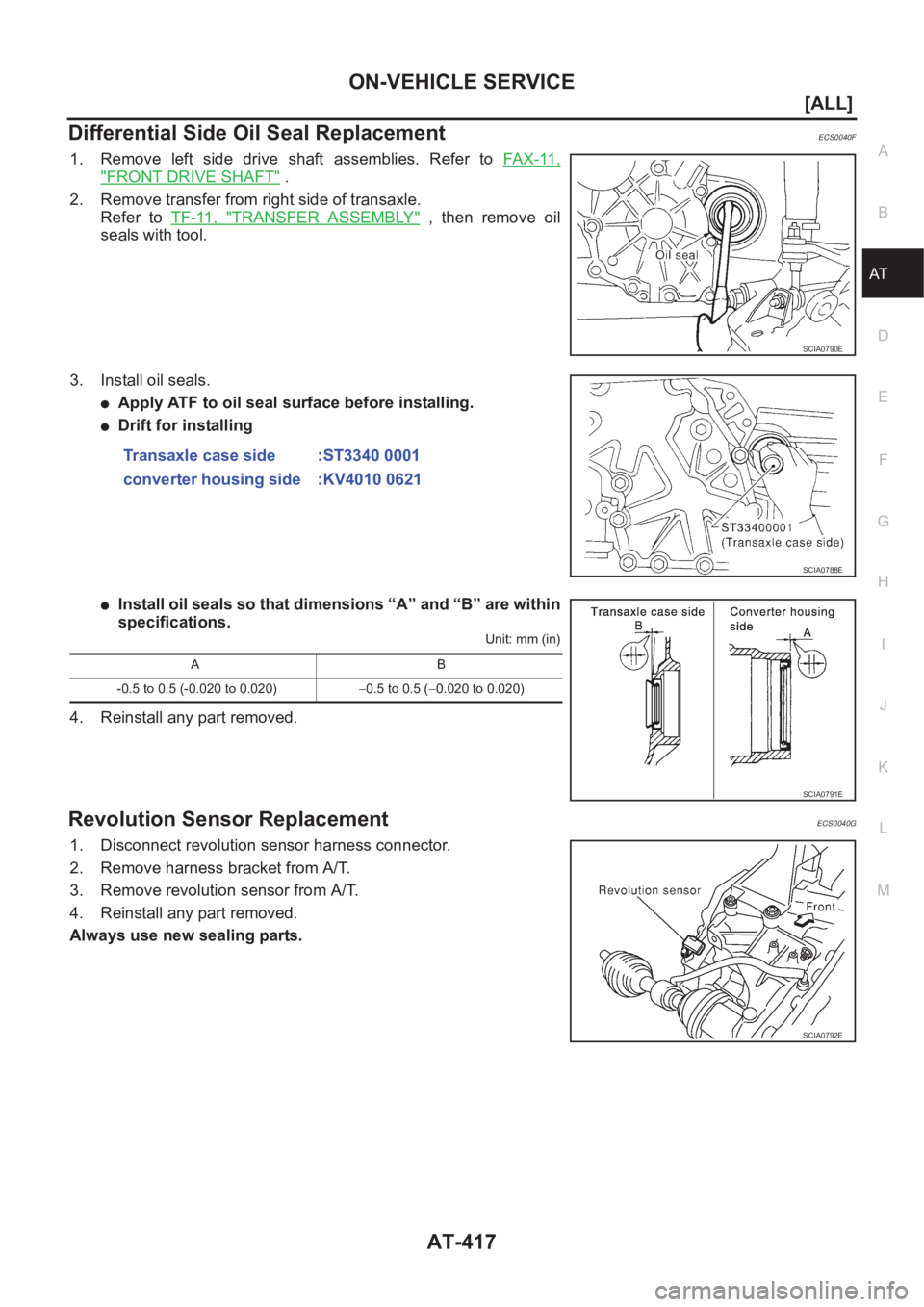 NISSAN X-TRAIL 2001  Service Repair Manual ON-VEHICLE SERVICE
AT-417
[ALL]
D
E
F
G
H
I
J
K
L
MA
B
AT
Differential Side Oil Seal ReplacementECS0040F
1. Remove  left  side  drive  shaft  assemblies.  Refer  to FAX-11,
"FRONT DRIVE SHAFT"